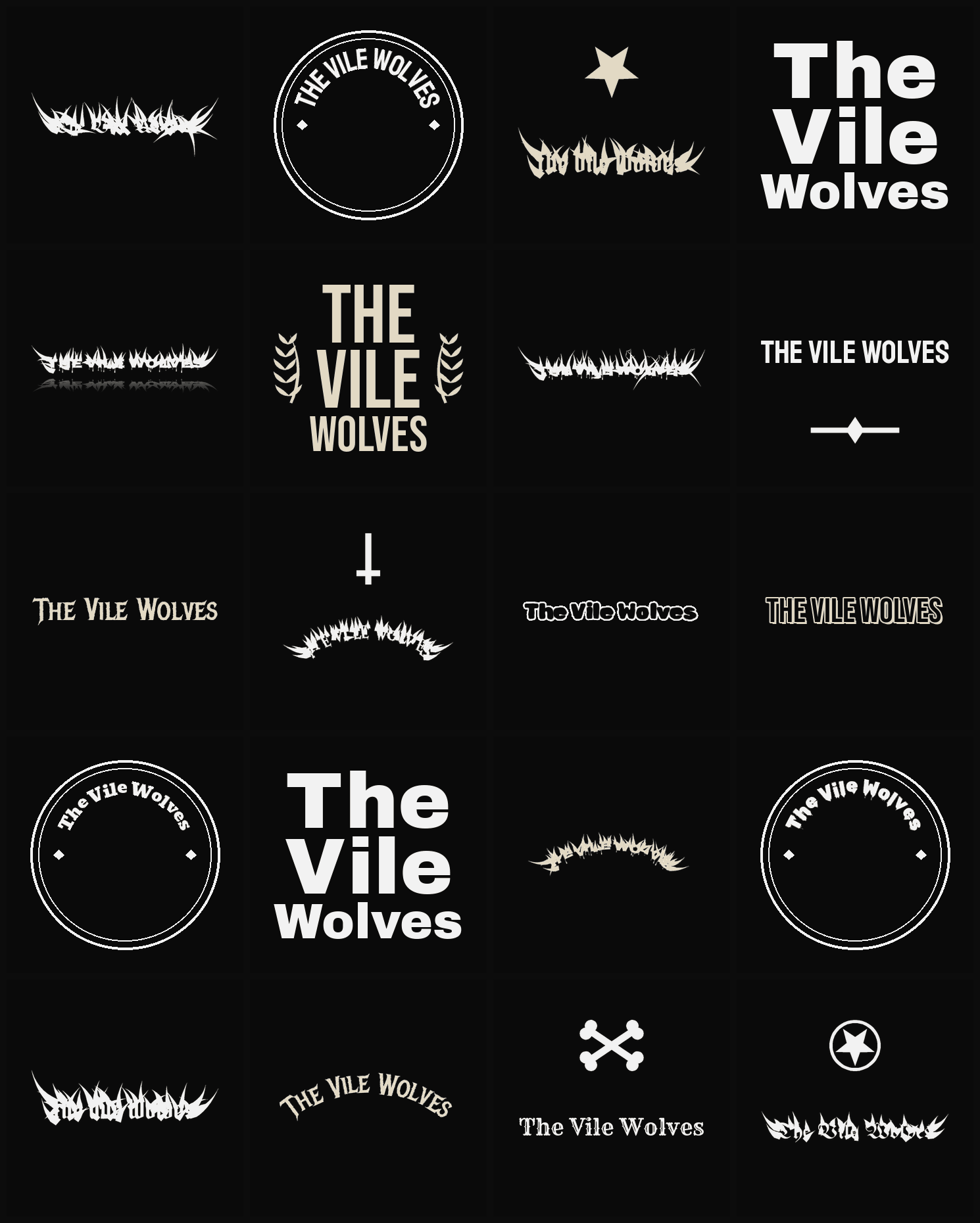Twenty The Vile Wolves band logo ideas — different faces, treatments and spike settings