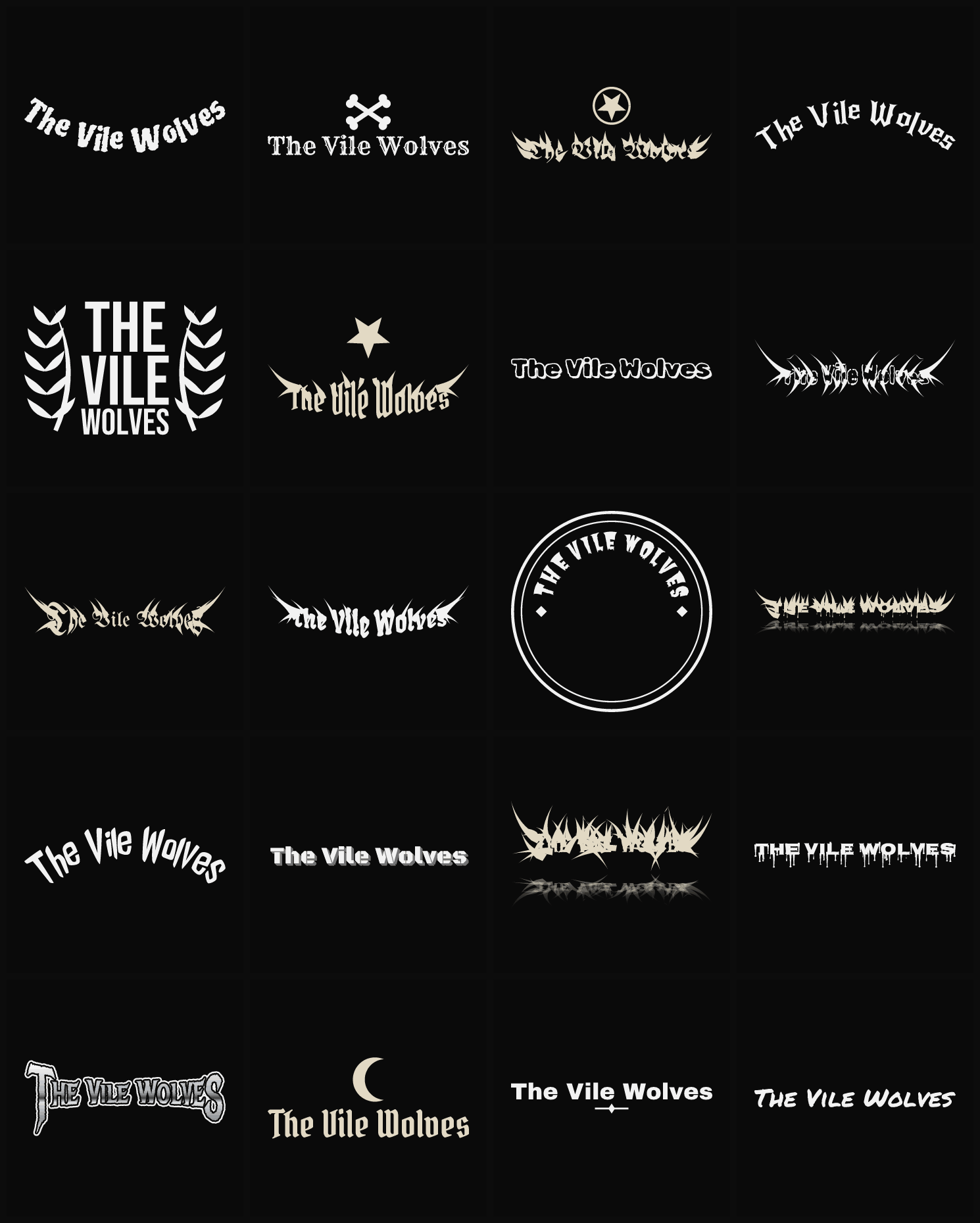 Twenty The Vile Wolves band logo ideas — different faces, treatments and spike settings