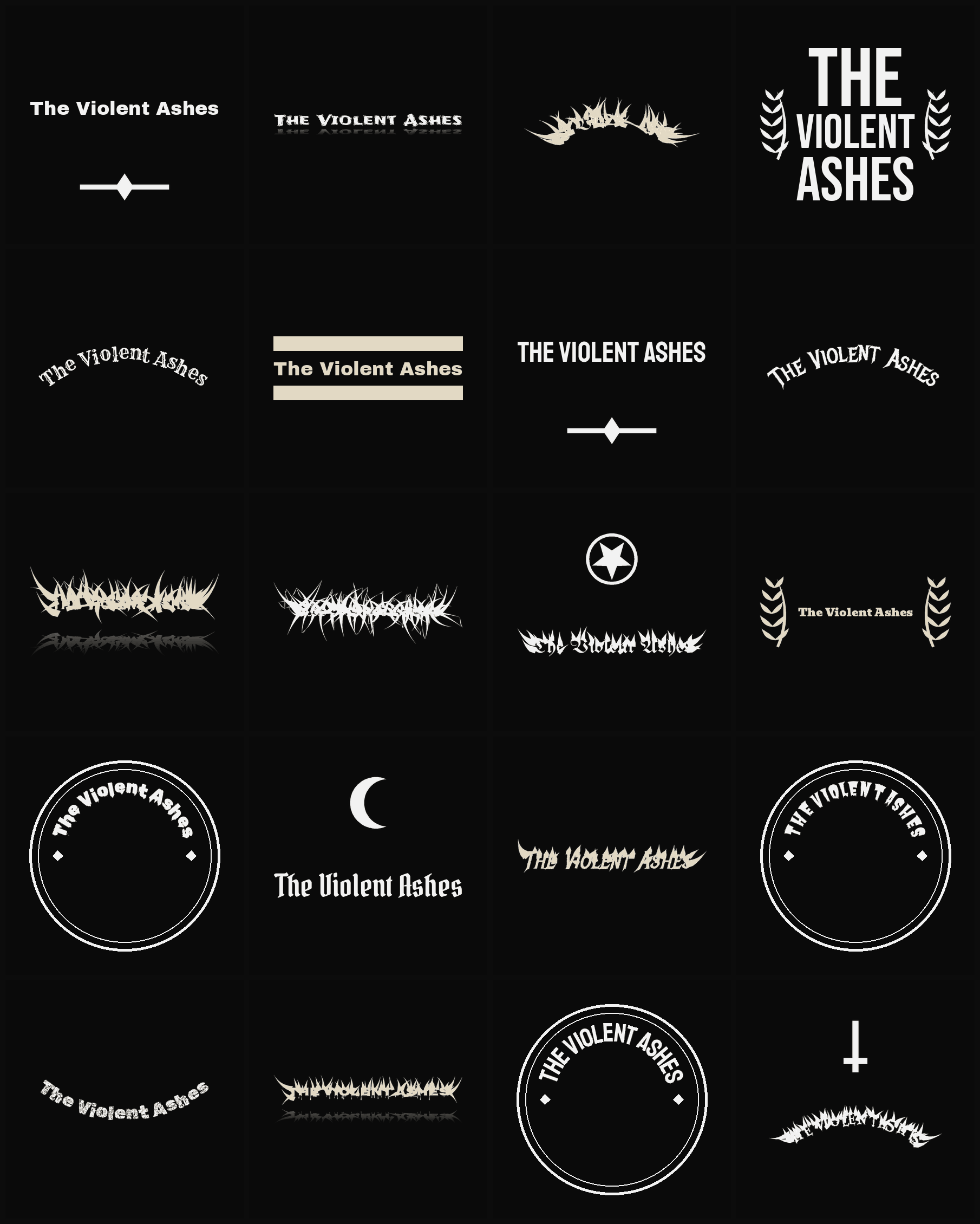 Twenty The Violent Ashes band logo ideas — different faces, treatments and spike settings