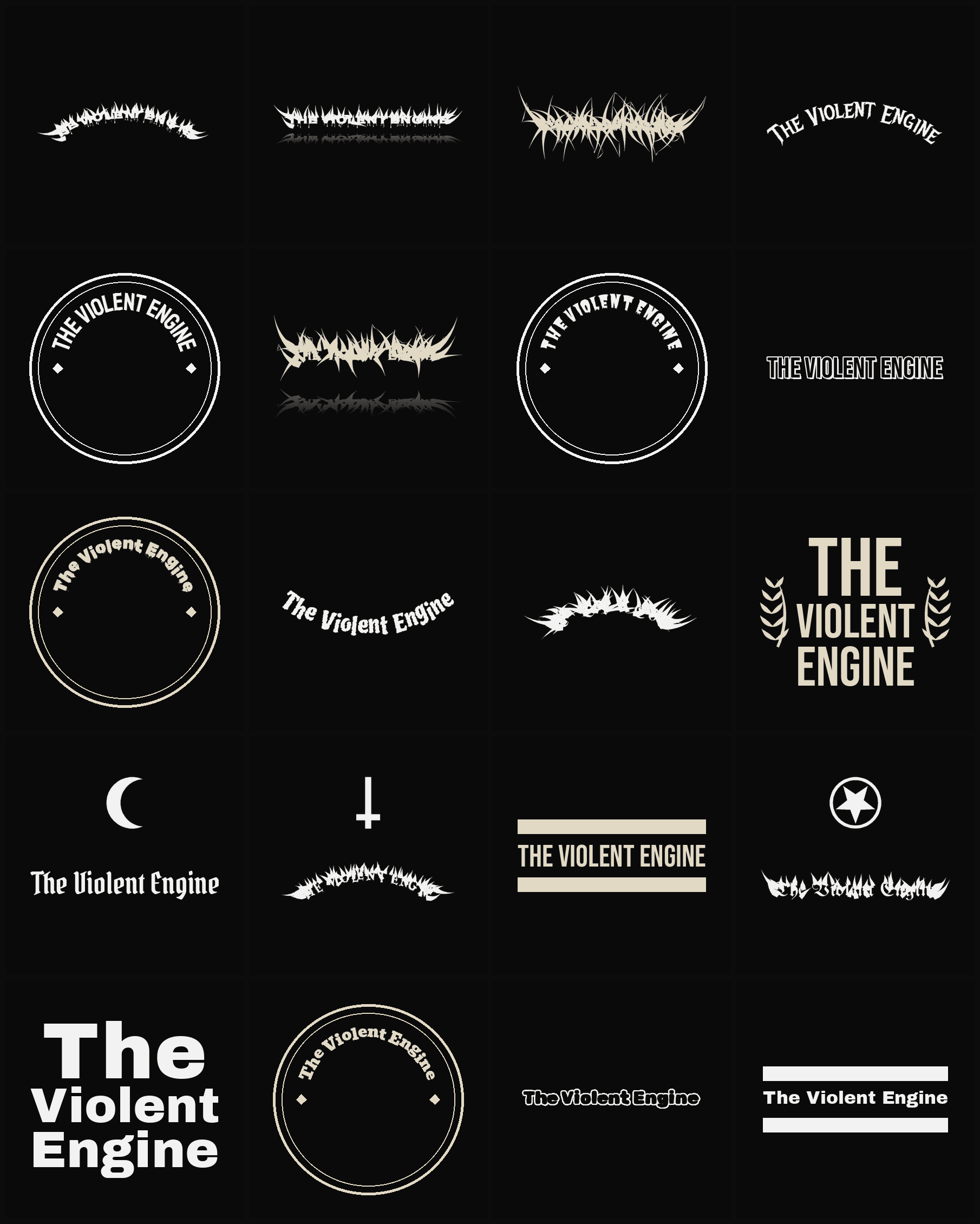 Twenty The Violent Engine band logo ideas — different faces, treatments and spike settings