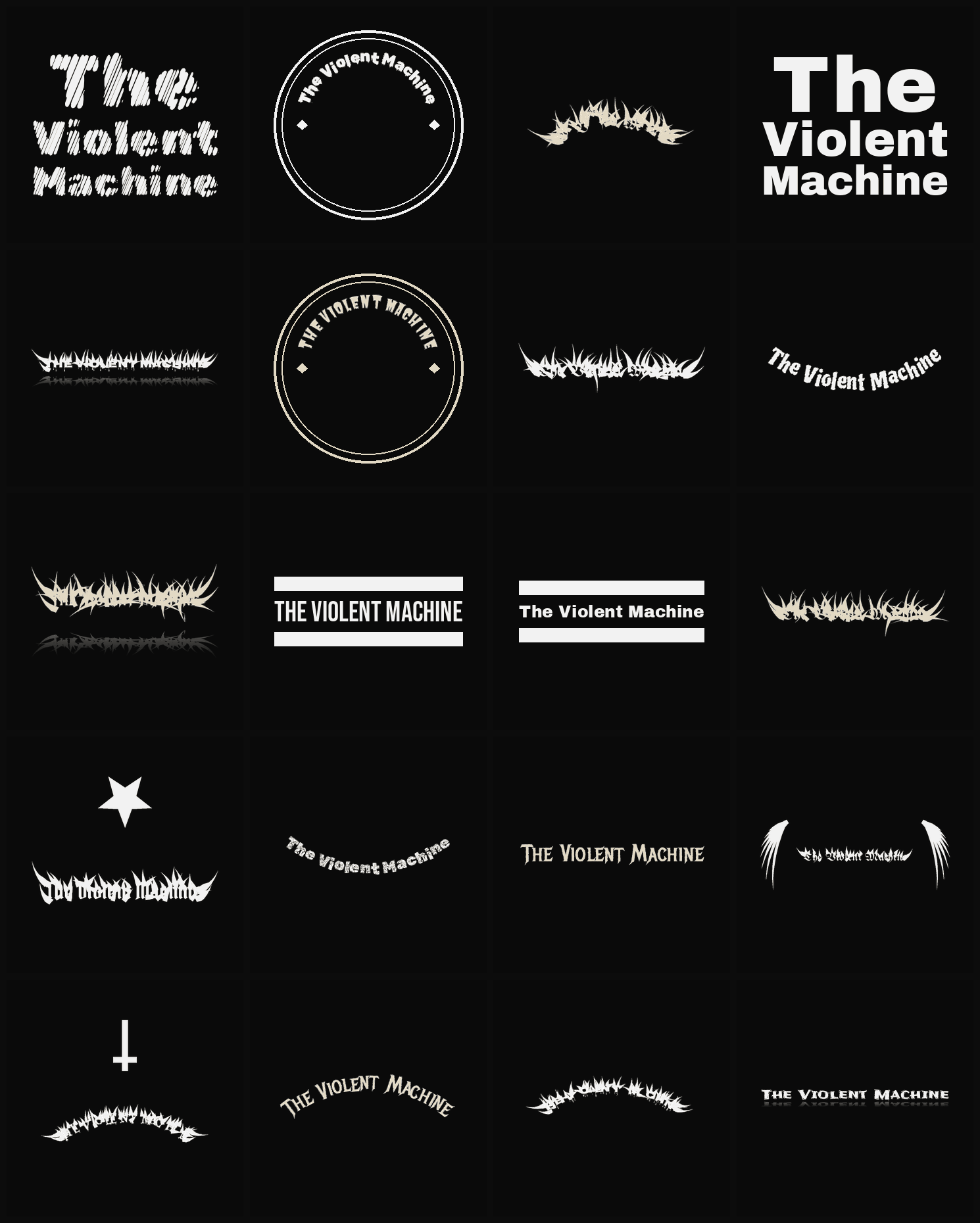 Twenty The Violent Machine band logo ideas — different faces, treatments and spike settings