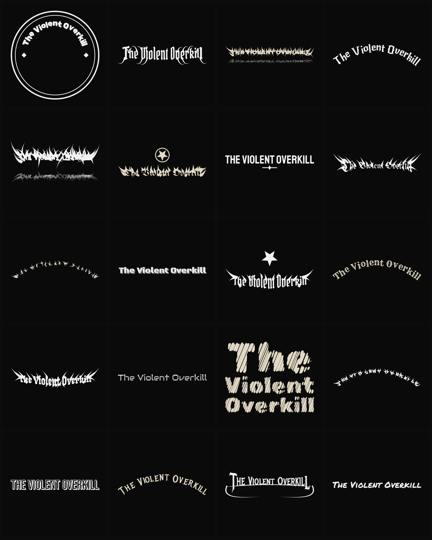 Twenty The Violent Overkill band logo ideas — different faces, treatments and spike settings