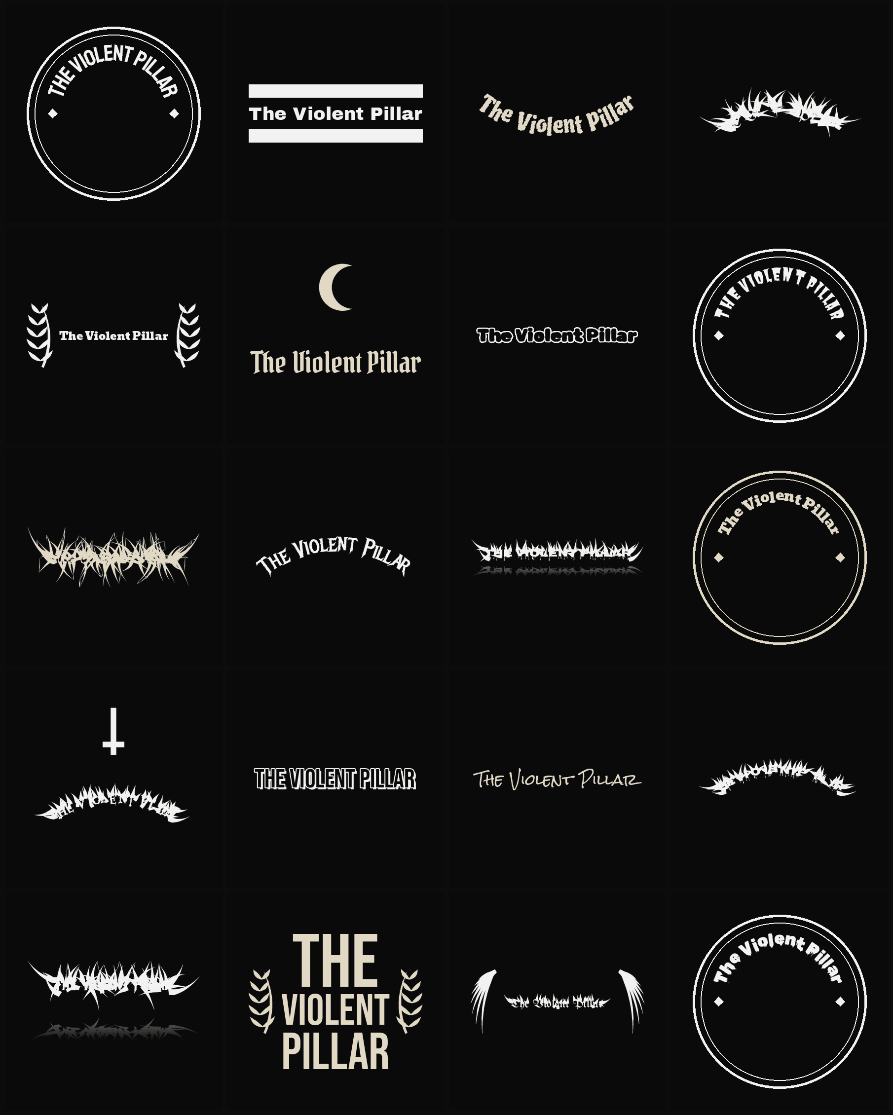 Twenty The Violent Pillar band logo ideas — different faces, treatments and spike settings