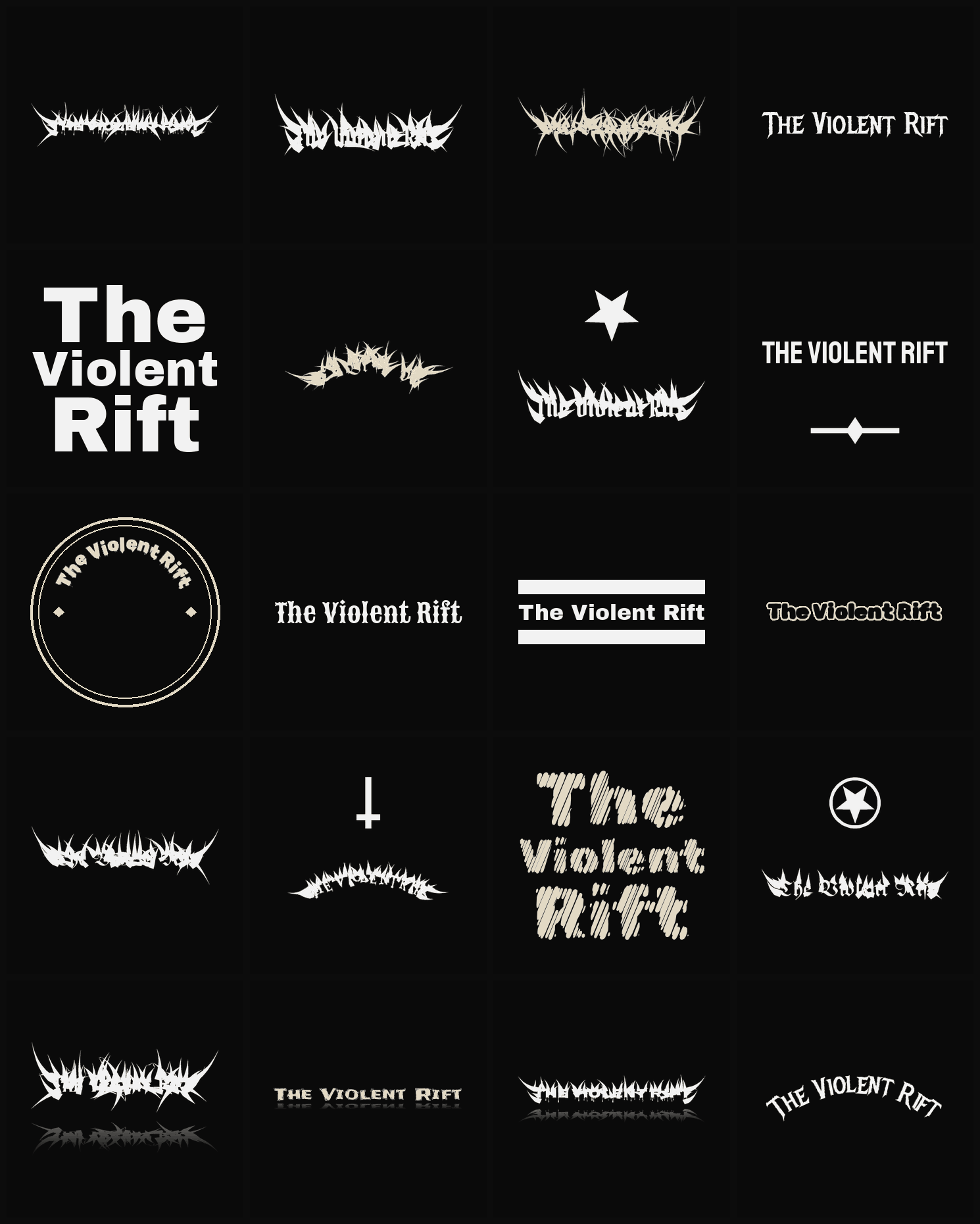 Twenty The Violent Rift band logo ideas — different faces, treatments and spike settings
