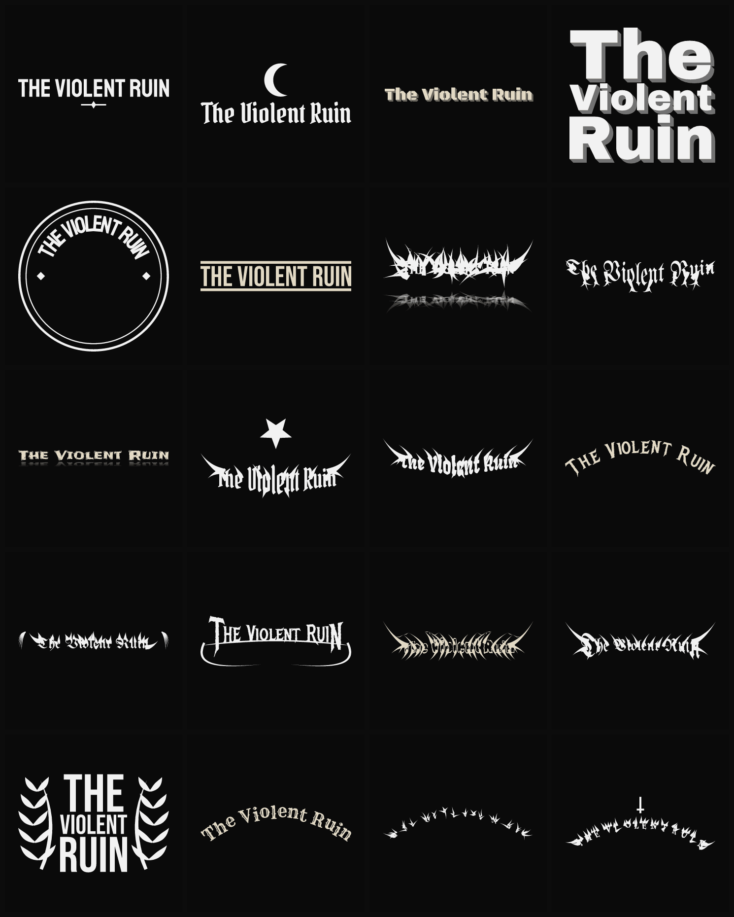 Twenty The Violent Ruin band logo ideas — different faces, treatments and spike settings
