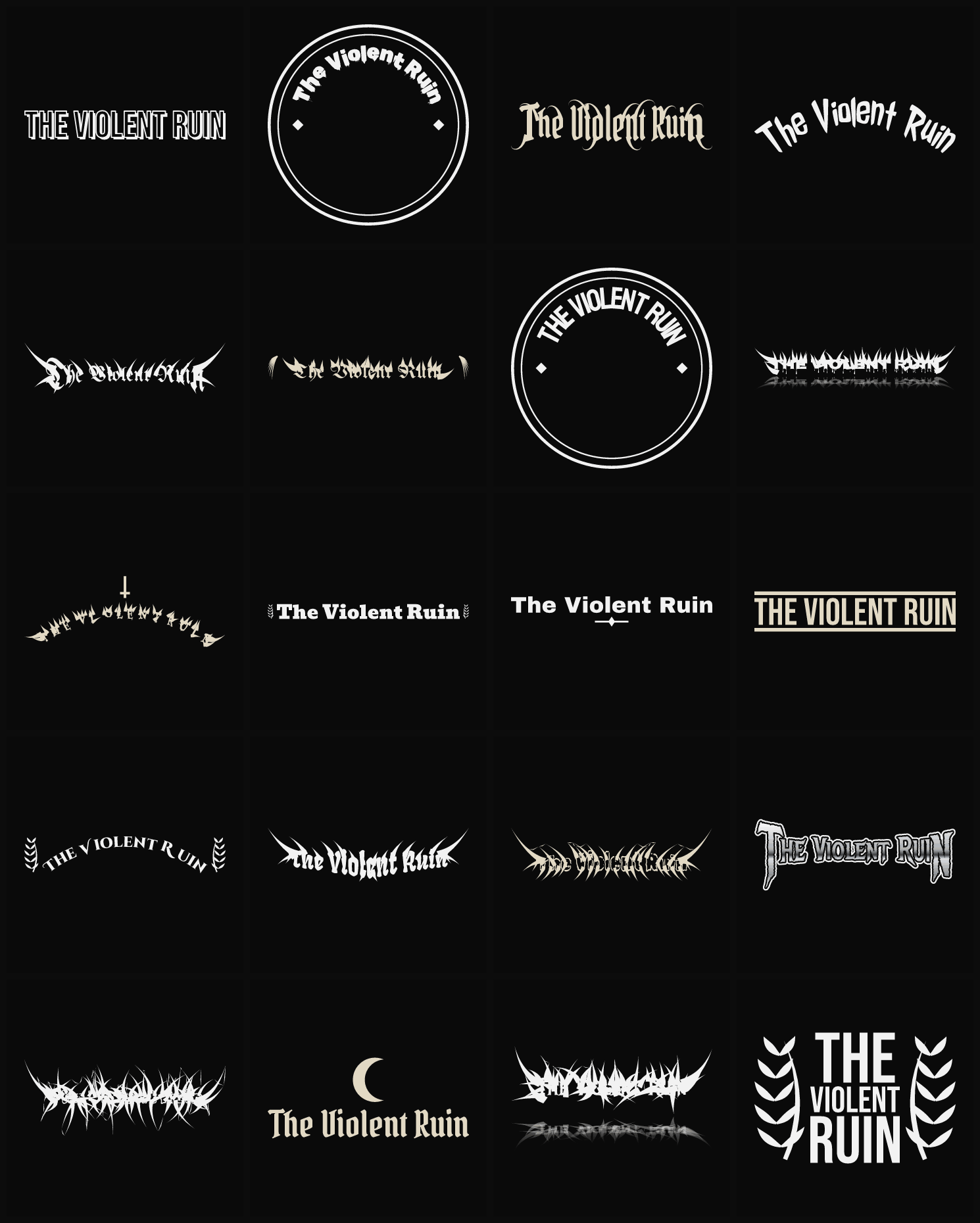 Twenty The Violent Ruin band logo ideas — different faces, treatments and spike settings