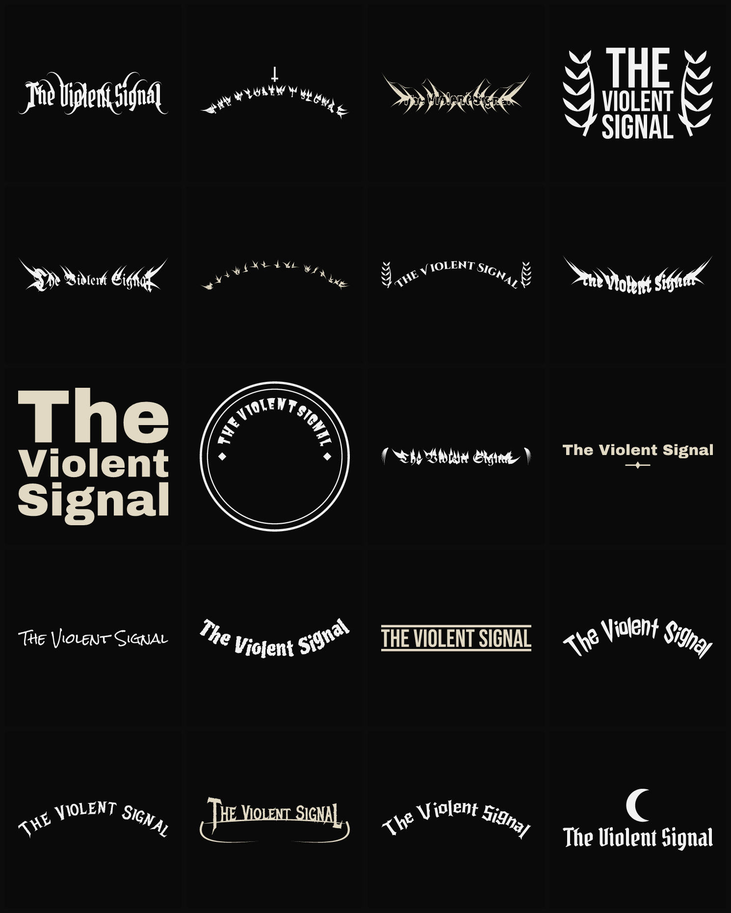 Twenty The Violent Signal band logo ideas — different faces, treatments and spike settings