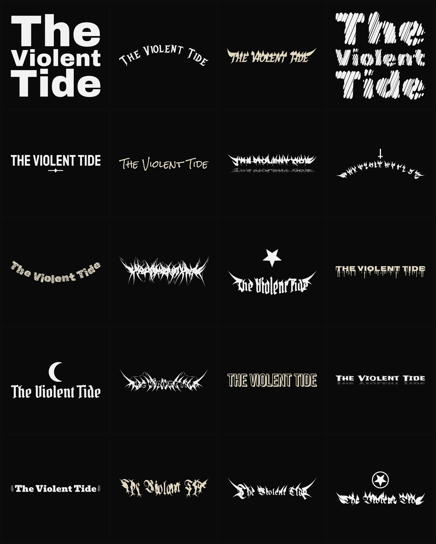 Twenty The Violent Tide band logo ideas — different faces, treatments and spike settings