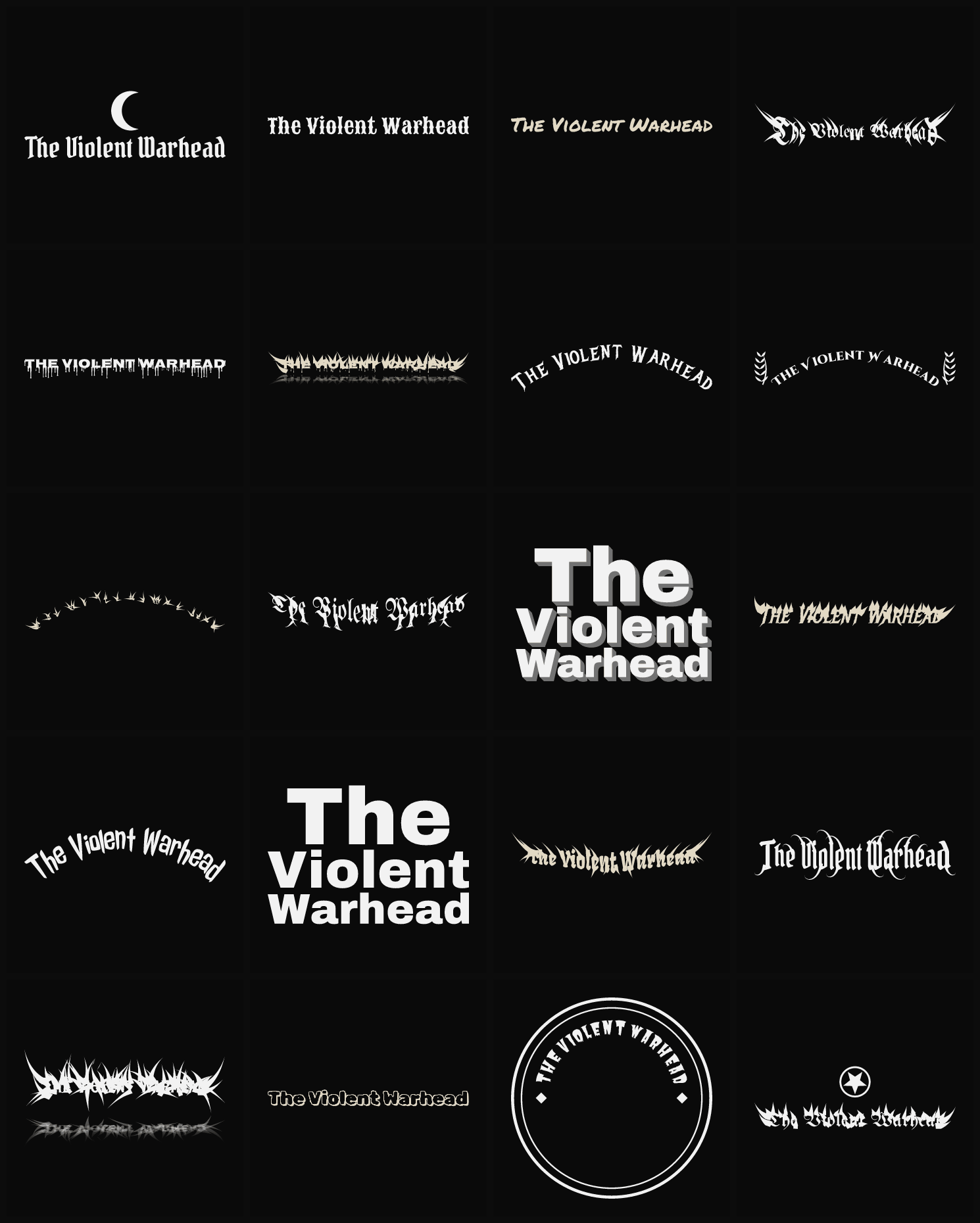 Twenty The Violent Warhead band logo ideas — different faces, treatments and spike settings