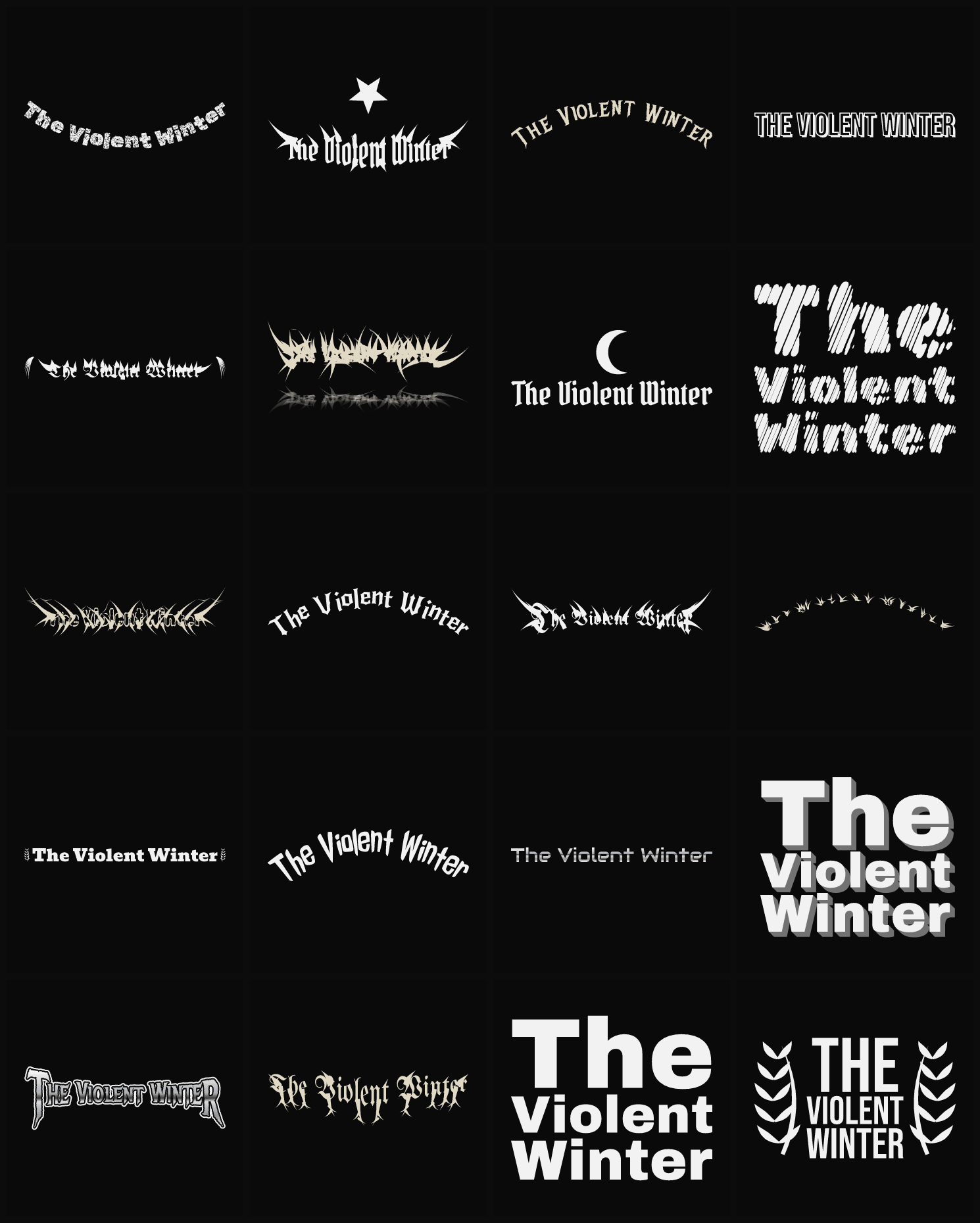 Twenty The Violent Winter band logo ideas — different faces, treatments and spike settings