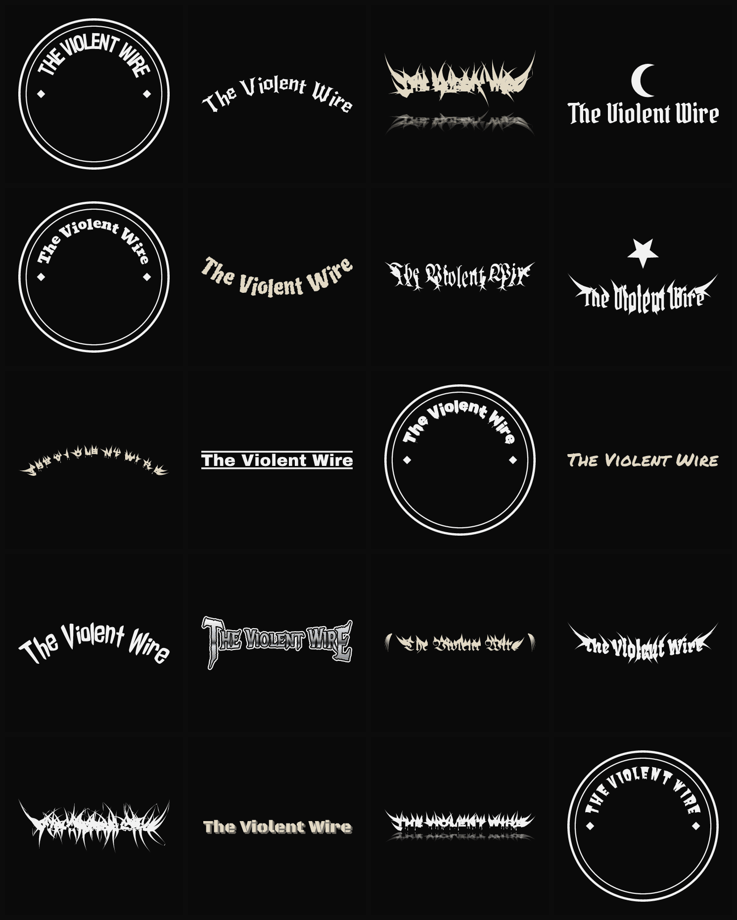 Twenty The Violent Wire band logo ideas — different faces, treatments and spike settings