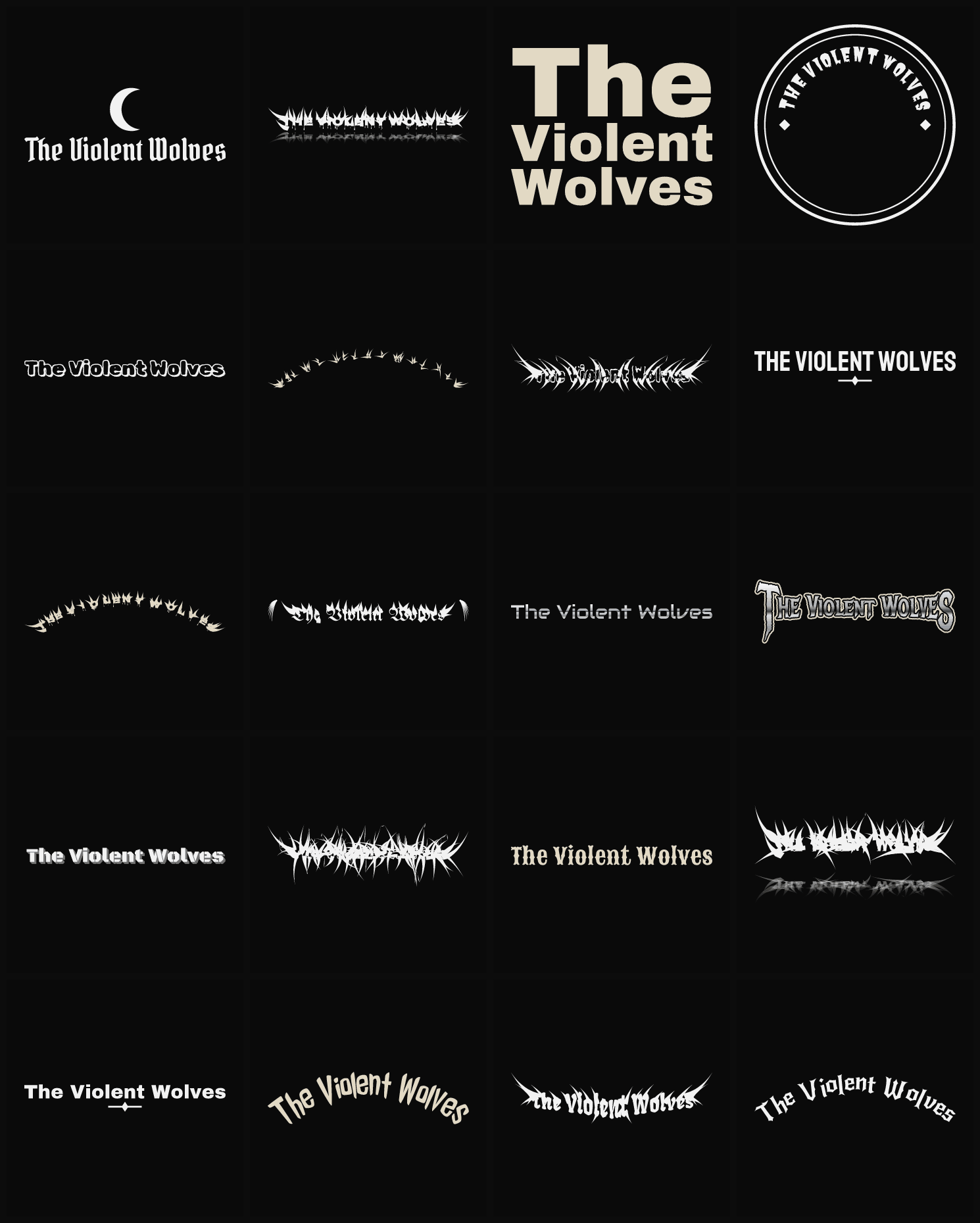 Twenty The Violent Wolves band logo ideas — different faces, treatments and spike settings