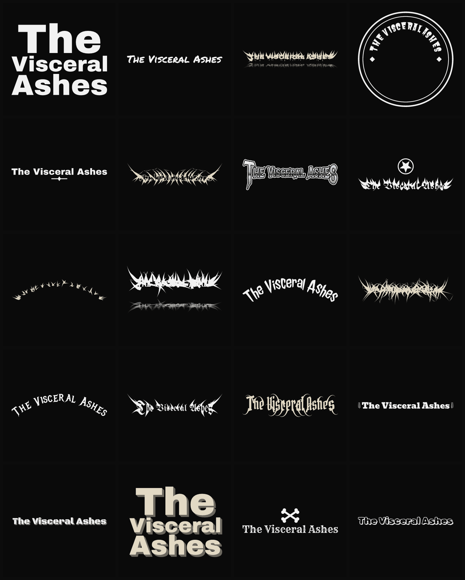 Twenty The Visceral Ashes band logo ideas — different faces, treatments and spike settings