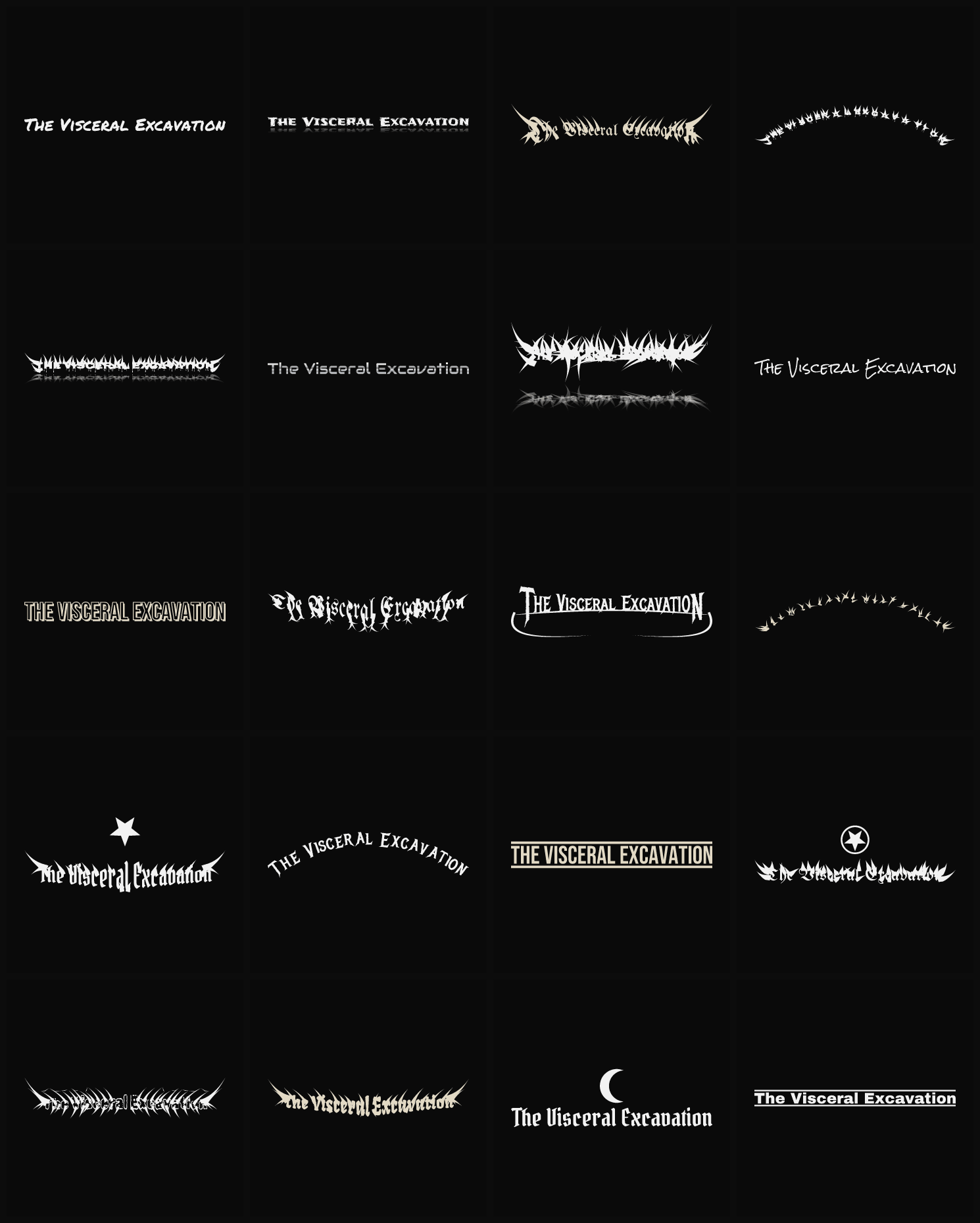 Twenty The Visceral Excavation band logo ideas — different faces, treatments and spike settings
