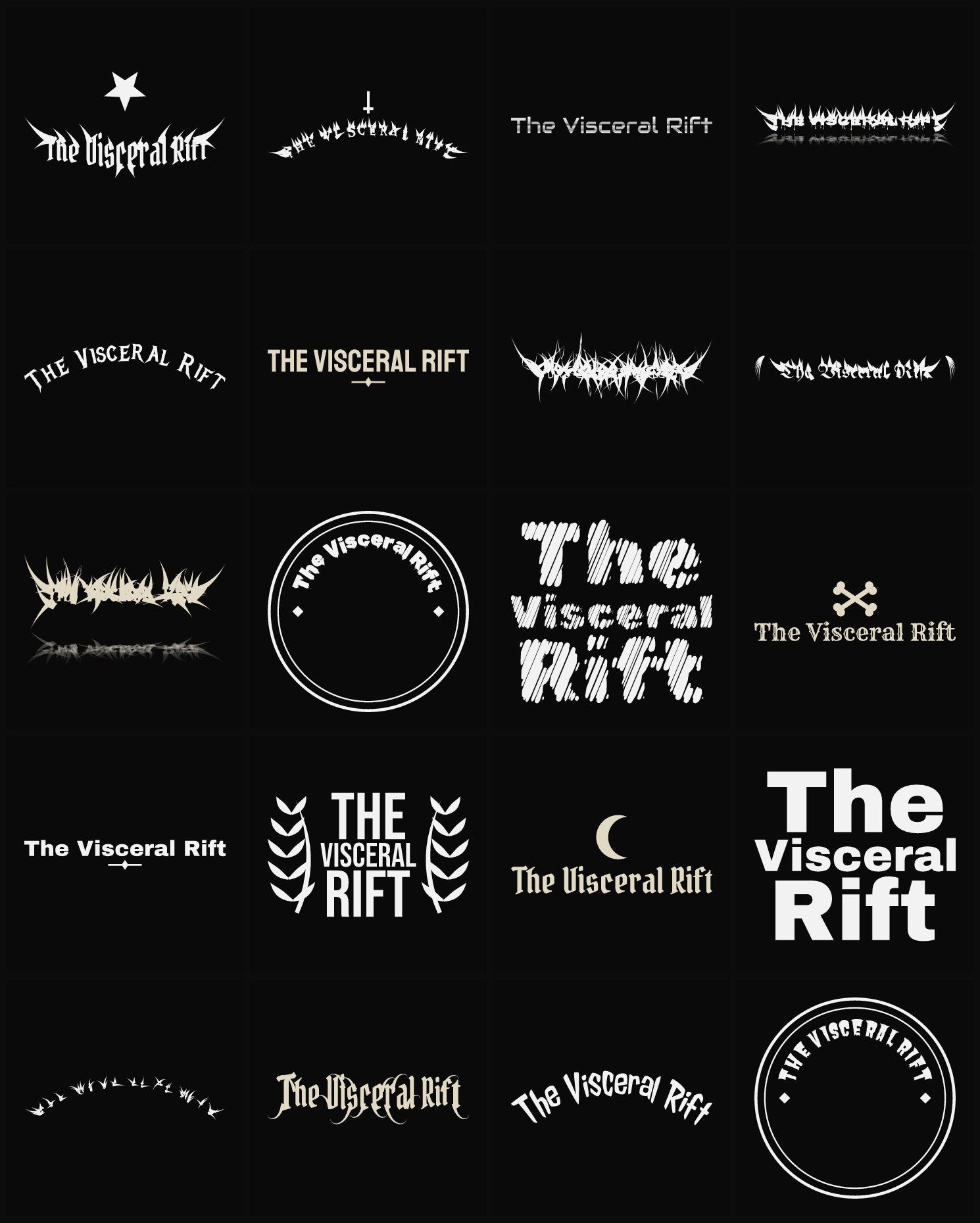 Twenty The Visceral Rift band logo ideas — different faces, treatments and spike settings