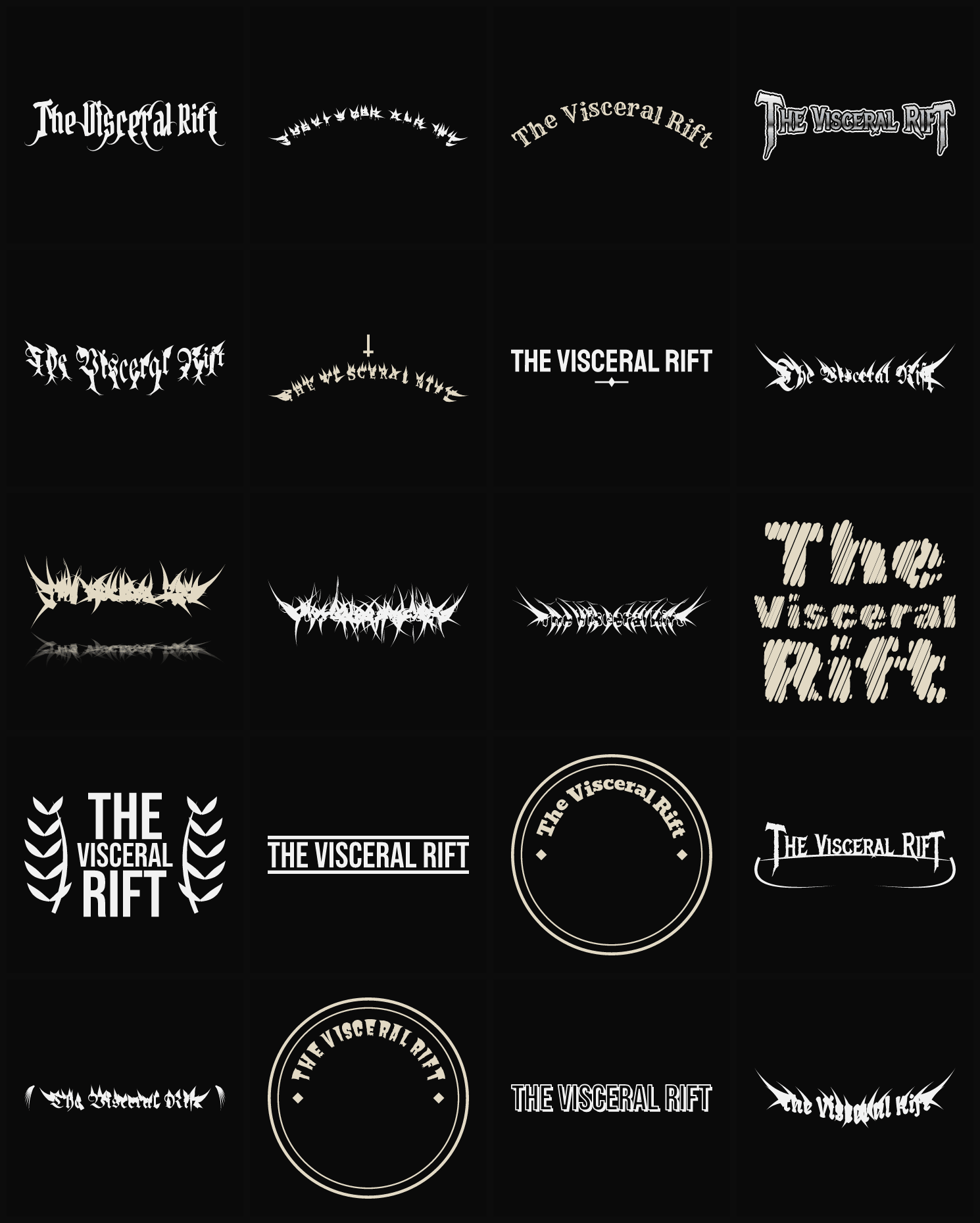 Twenty The Visceral Rift band logo ideas — different faces, treatments and spike settings
