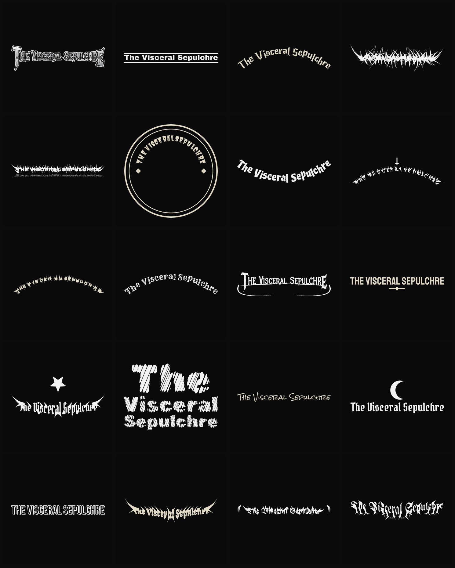Twenty The Visceral Sepulchre band logo ideas — different faces, treatments and spike settings