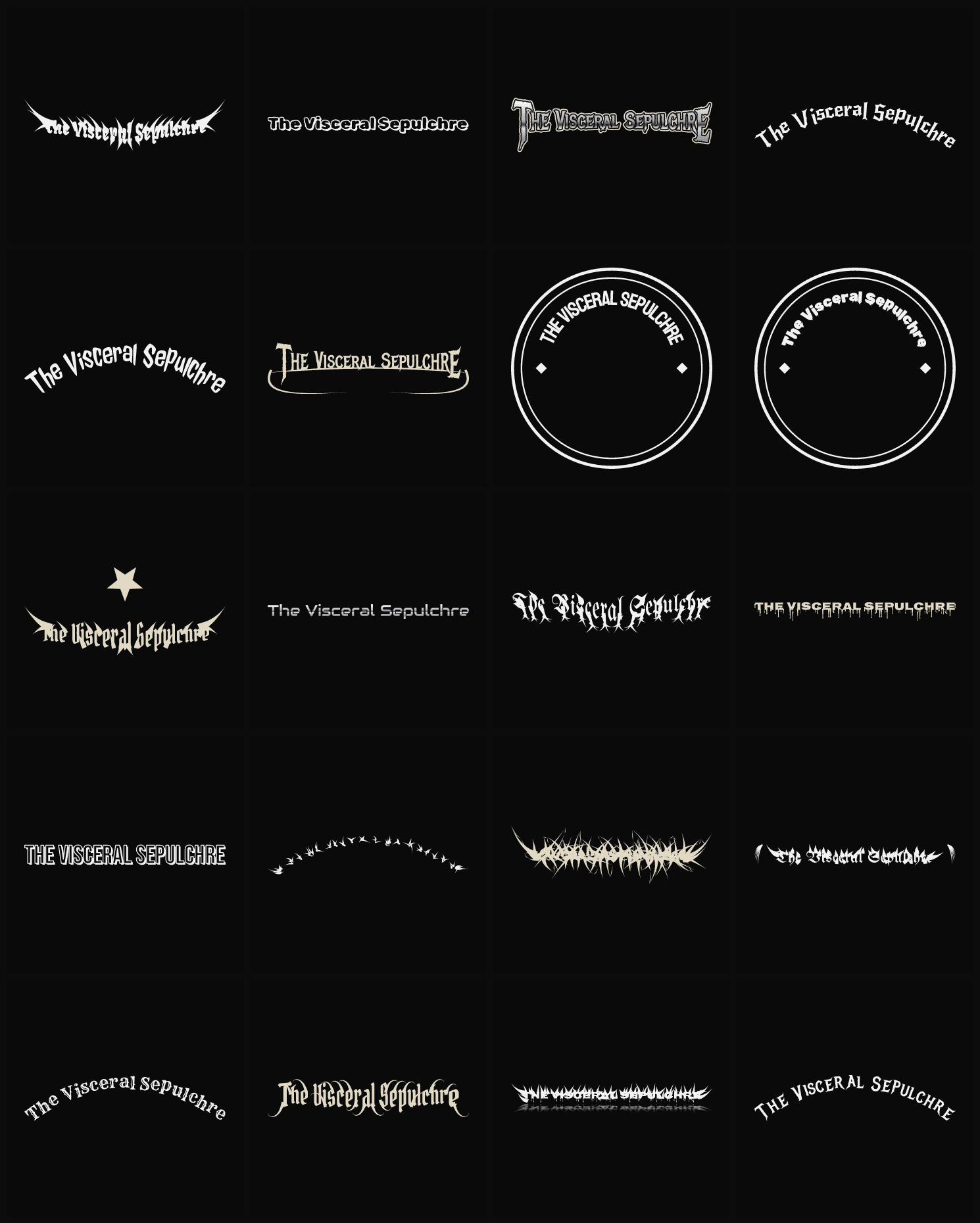 Twenty The Visceral Sepulchre band logo ideas — different faces, treatments and spike settings