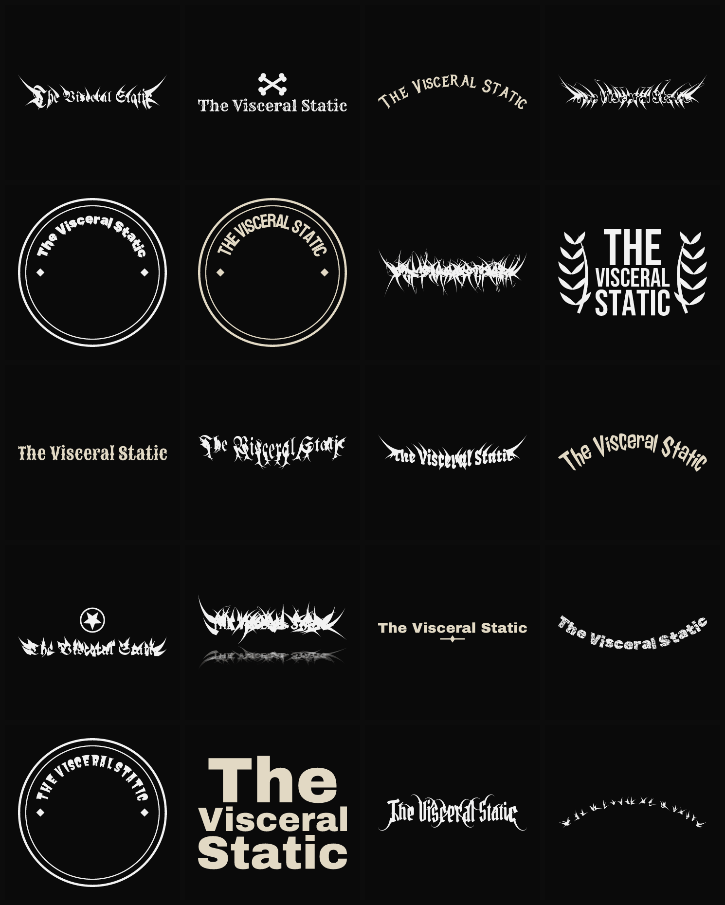 Twenty The Visceral Static band logo ideas — different faces, treatments and spike settings