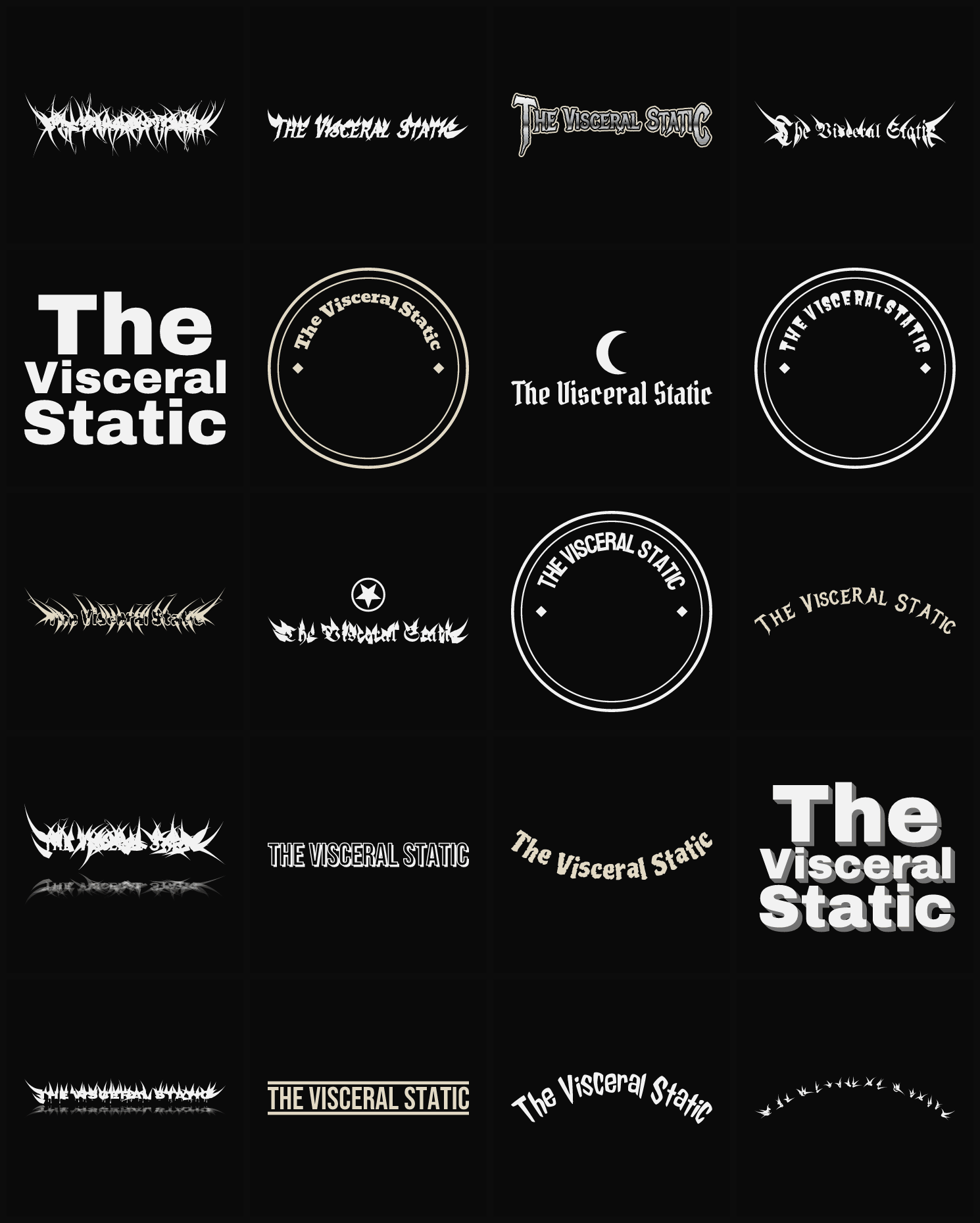 Twenty The Visceral Static band logo ideas — different faces, treatments and spike settings