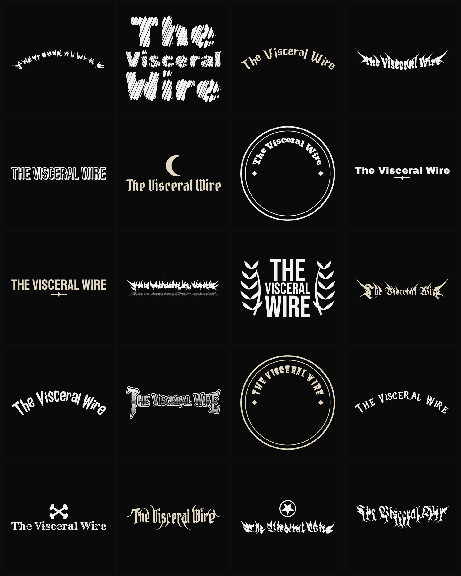 Twenty The Visceral Wire band logo ideas — different faces, treatments and spike settings