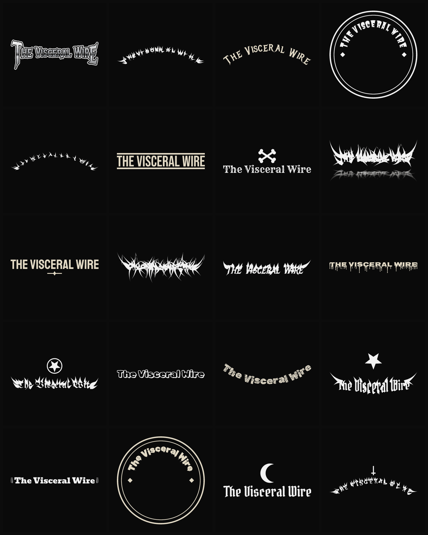 Twenty The Visceral Wire band logo ideas — different faces, treatments and spike settings
