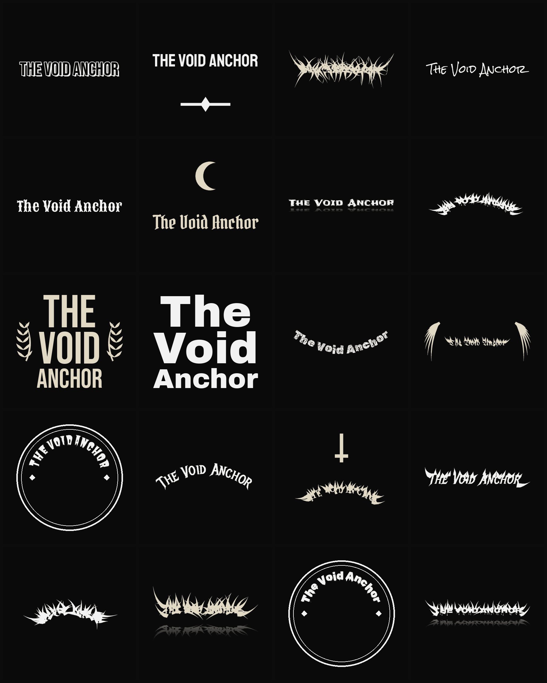 Twenty The Void Anchor band logo ideas — different faces, treatments and spike settings