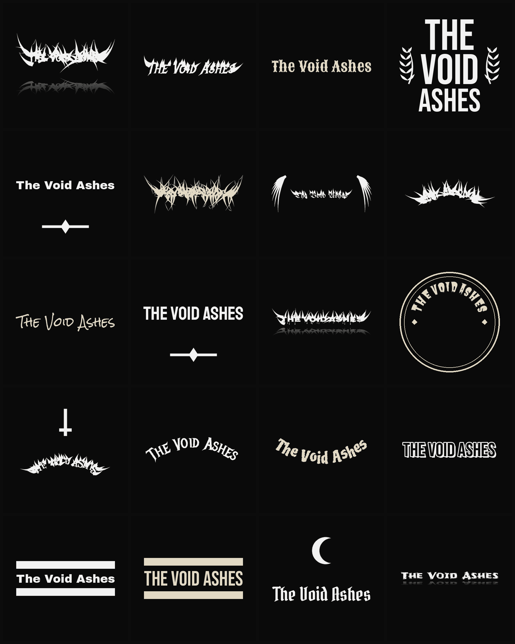 Twenty The Void Ashes band logo ideas — different faces, treatments and spike settings