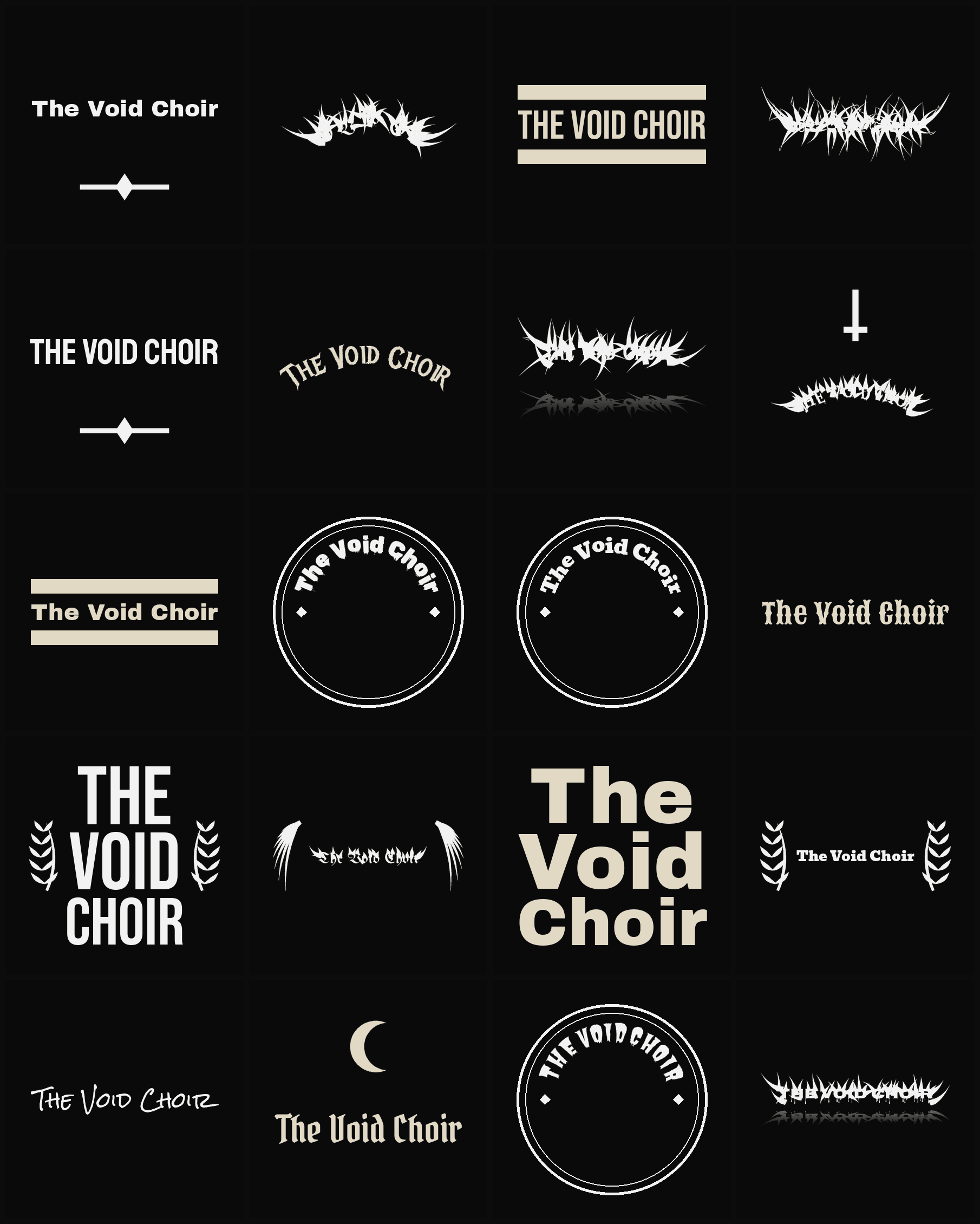 Twenty The Void Choir band logo ideas — different faces, treatments and spike settings