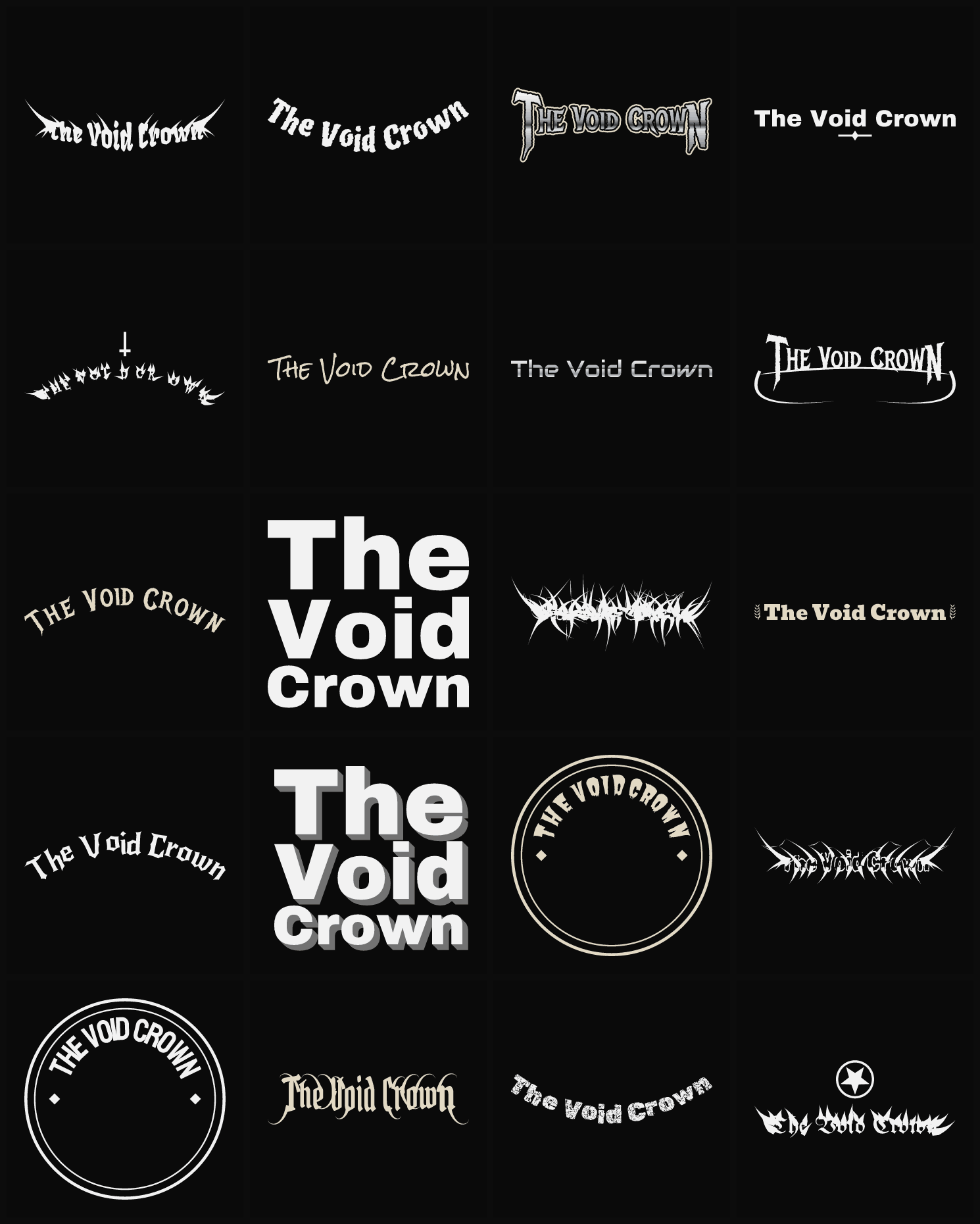 Twenty The Void Crown band logo ideas — different faces, treatments and spike settings