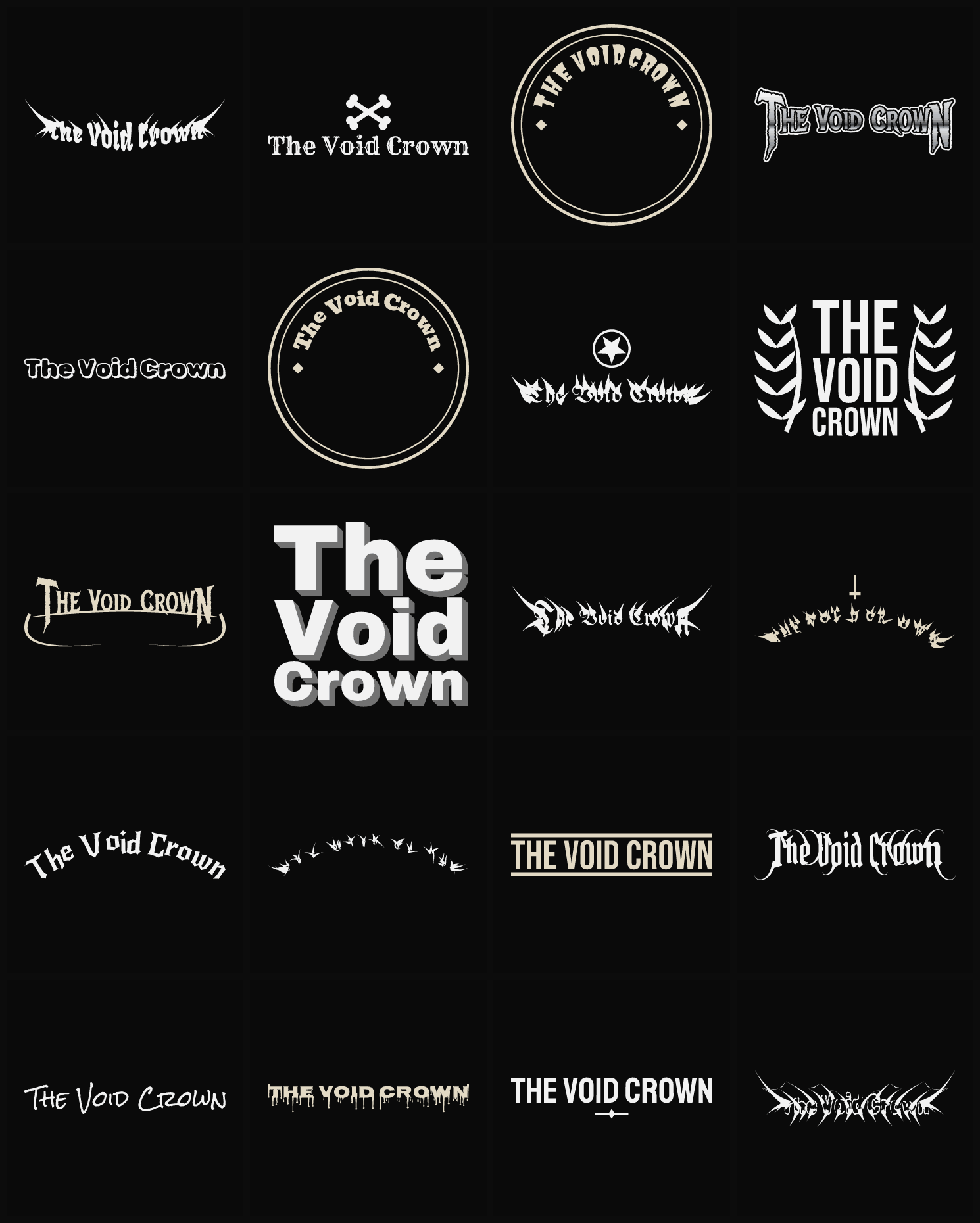 Twenty The Void Crown band logo ideas — different faces, treatments and spike settings