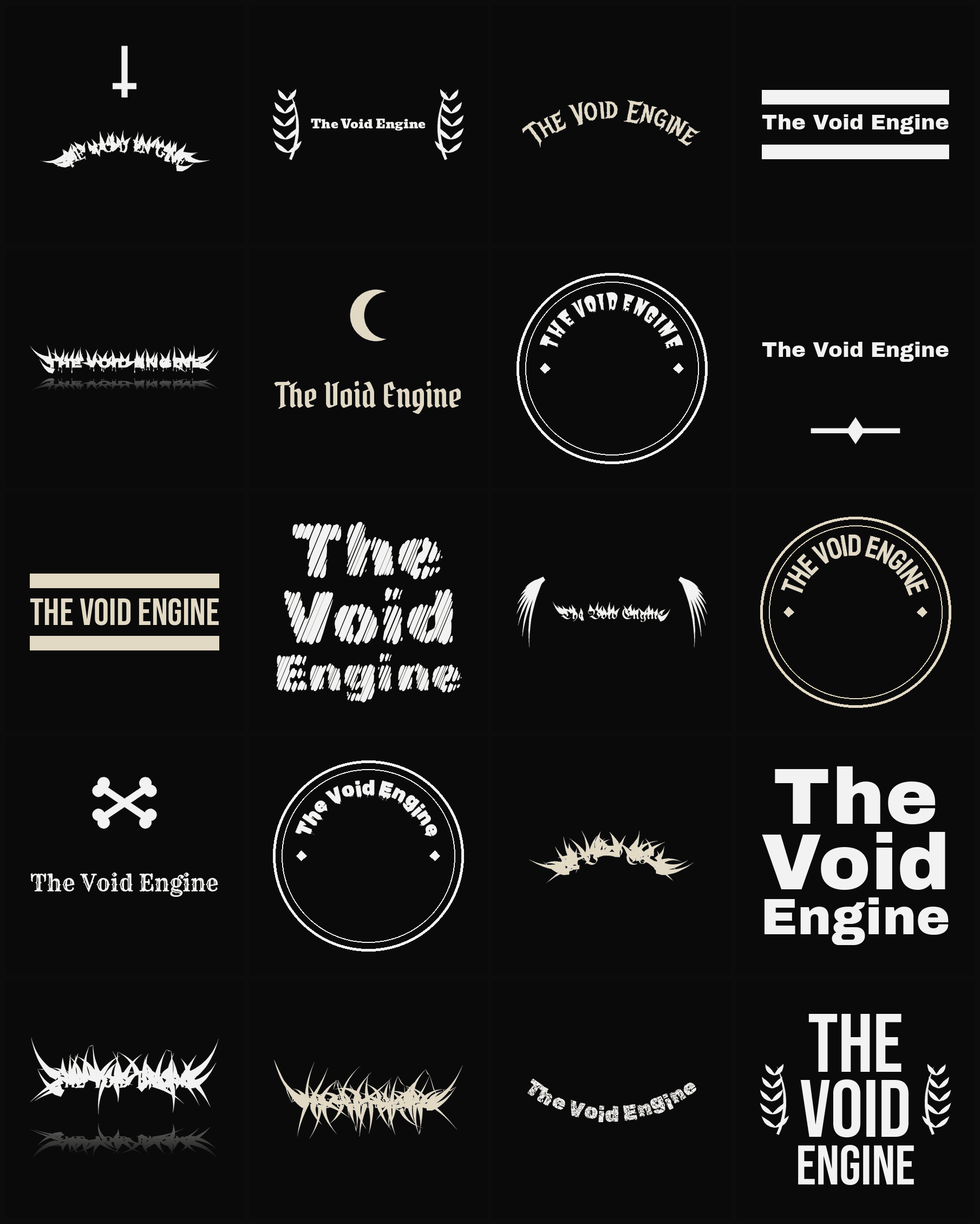 Twenty The Void Engine band logo ideas — different faces, treatments and spike settings