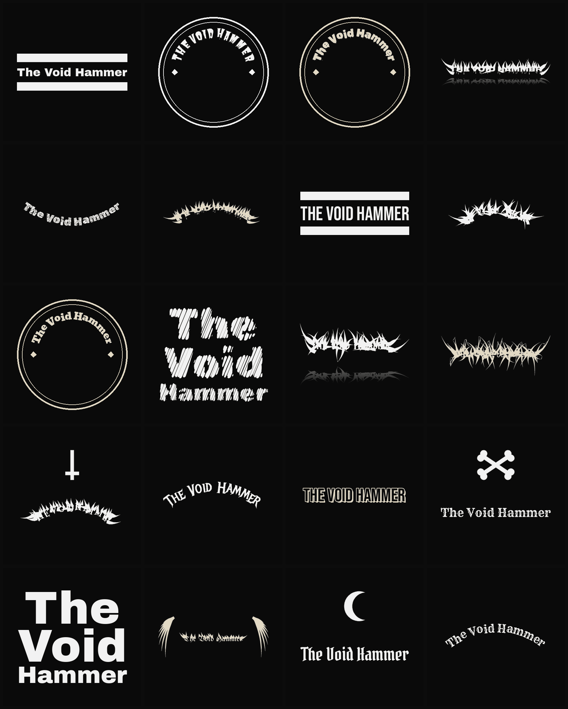 Twenty The Void Hammer band logo ideas — different faces, treatments and spike settings