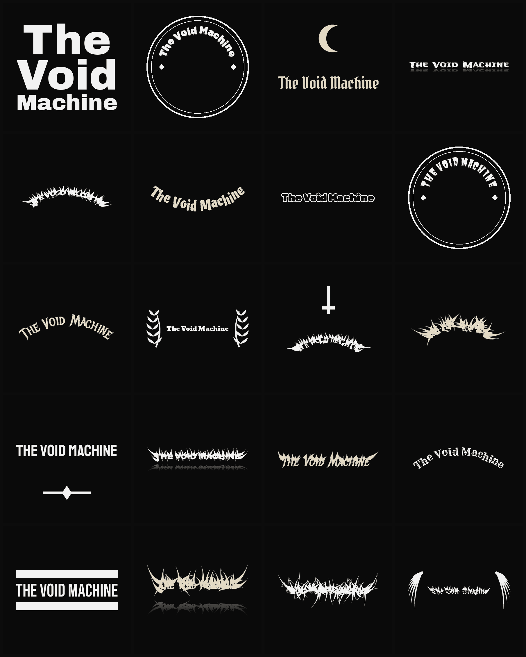 Twenty The Void Machine band logo ideas — different faces, treatments and spike settings