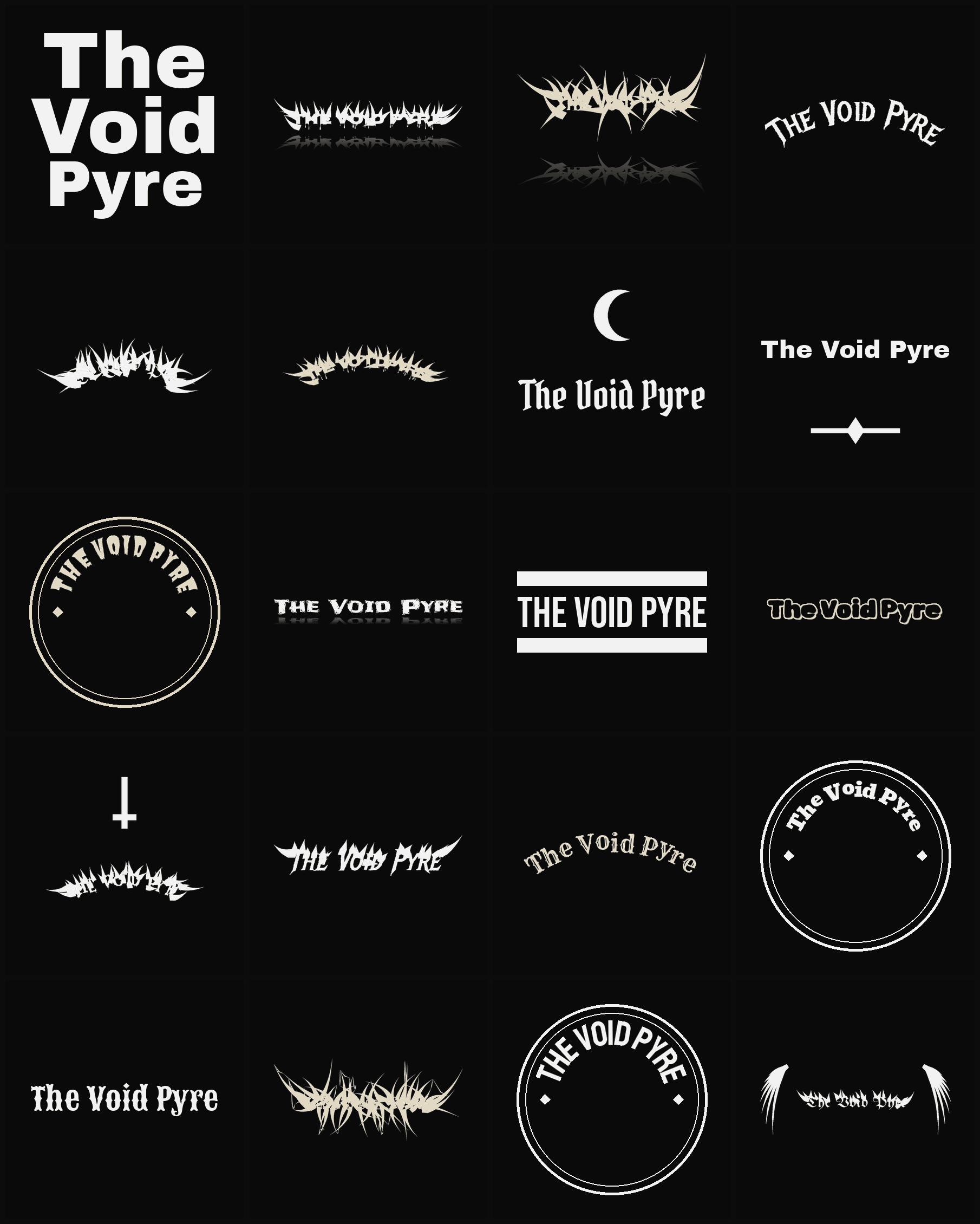 Twenty The Void Pyre band logo ideas — different faces, treatments and spike settings