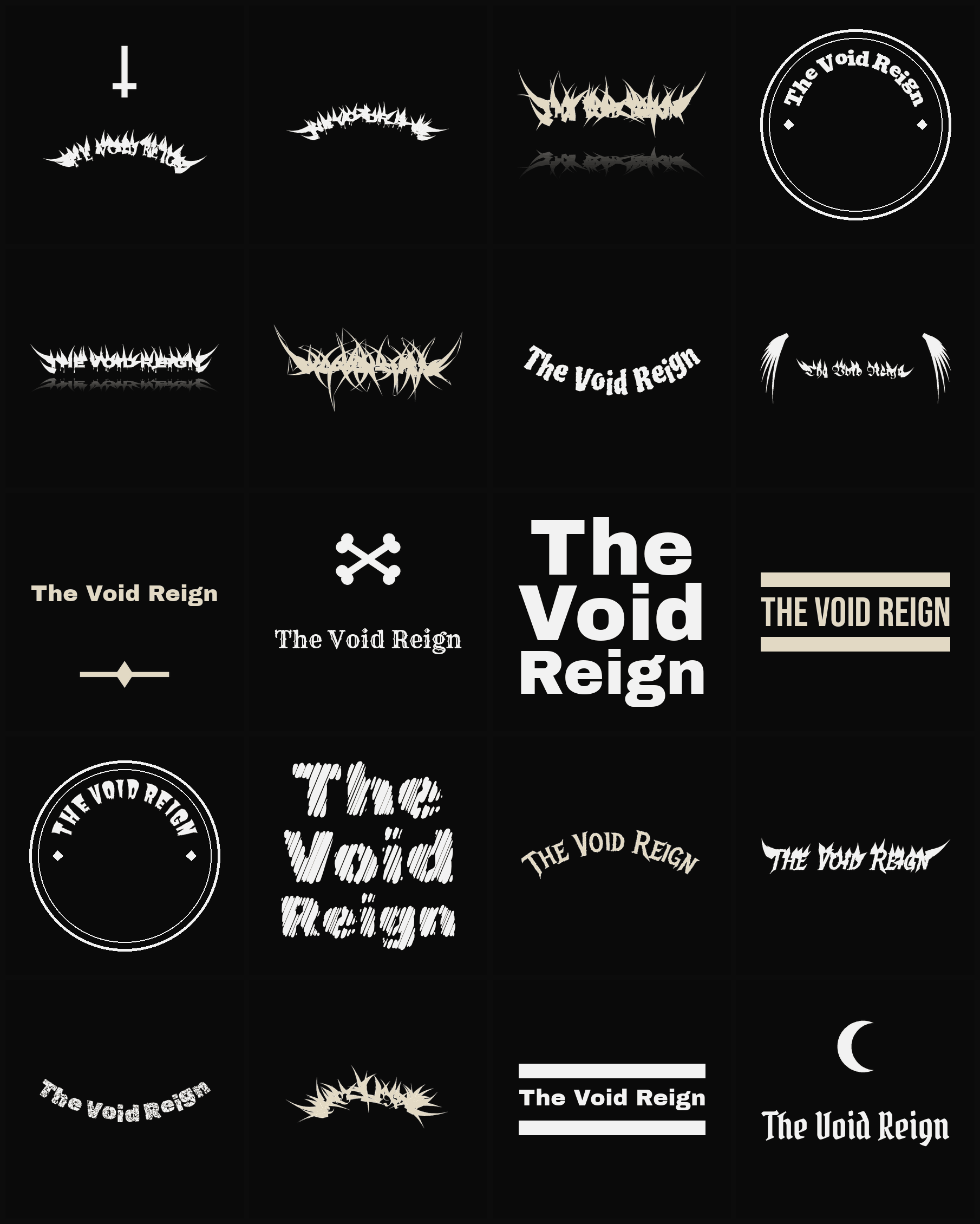 Twenty The Void Reign band logo ideas — different faces, treatments and spike settings