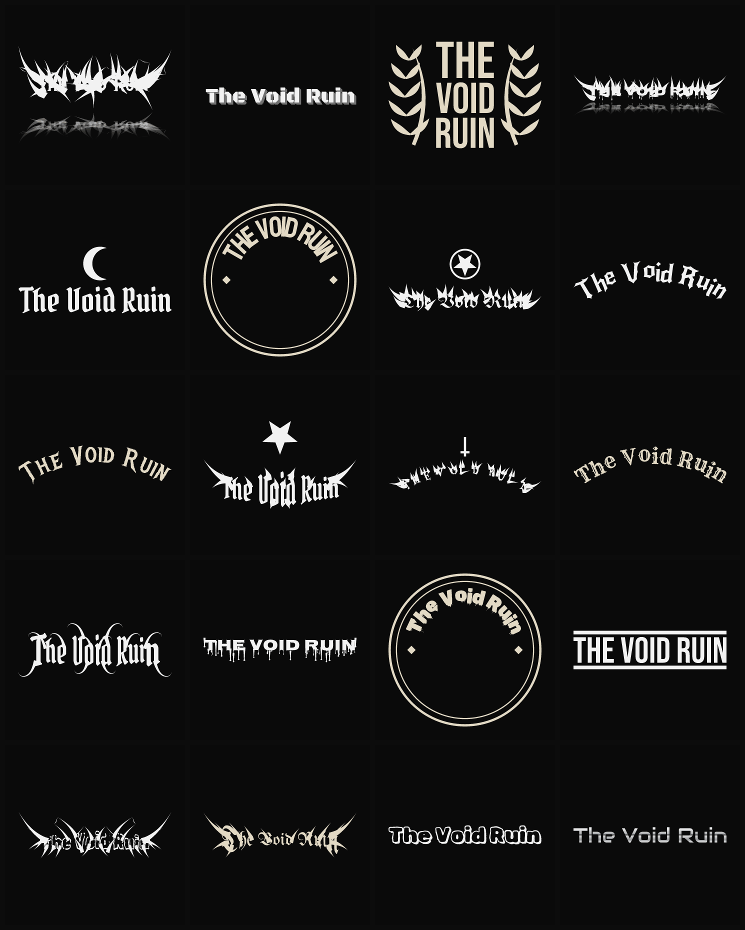 Twenty The Void Ruin band logo ideas — different faces, treatments and spike settings