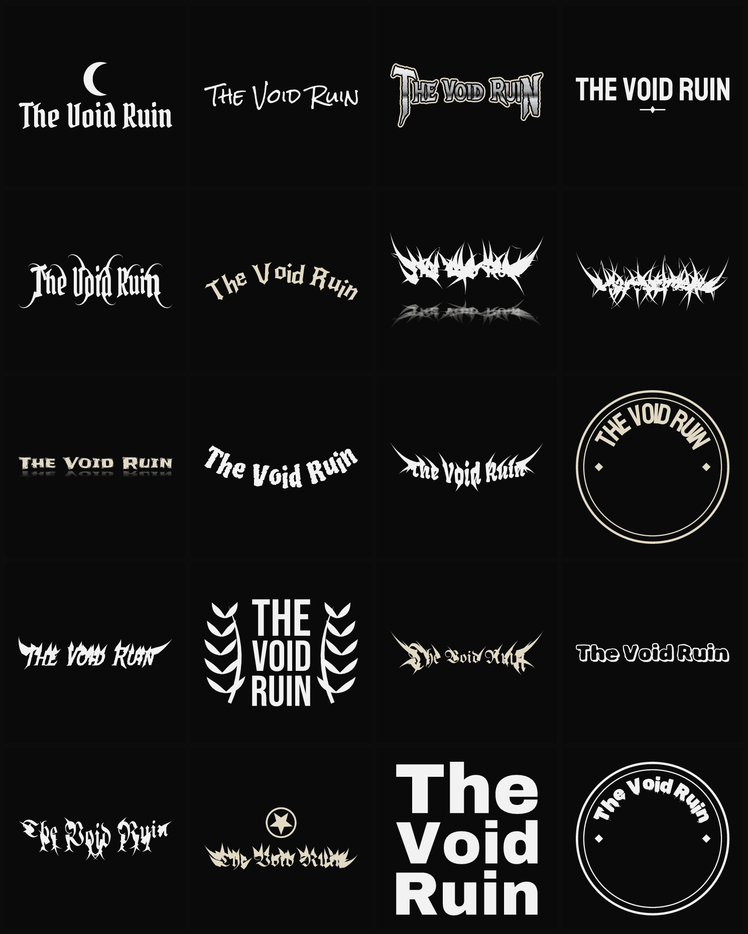 Twenty The Void Ruin band logo ideas — different faces, treatments and spike settings