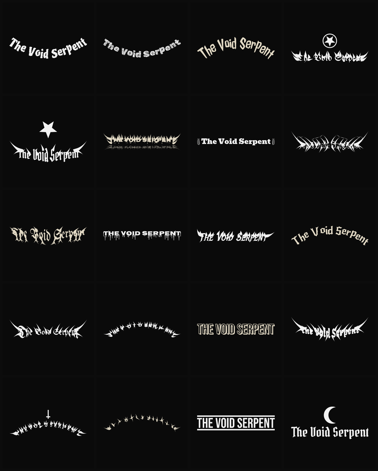 Twenty The Void Serpent band logo ideas — different faces, treatments and spike settings