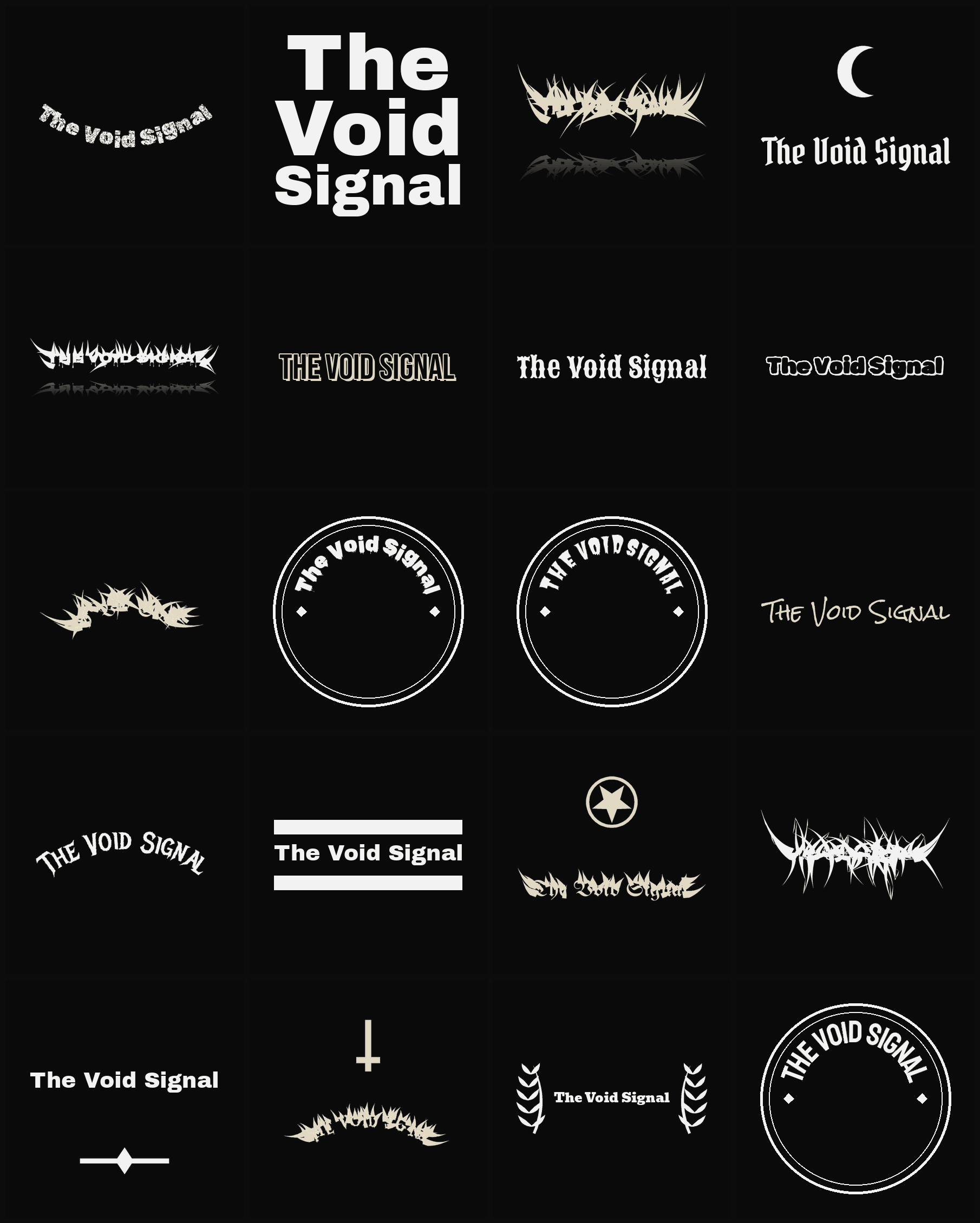 Twenty The Void Signal band logo ideas — different faces, treatments and spike settings