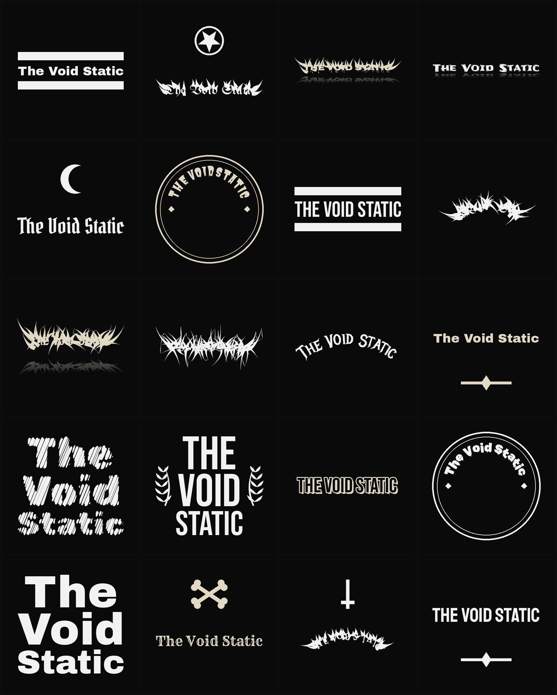 Twenty The Void Static band logo ideas — different faces, treatments and spike settings