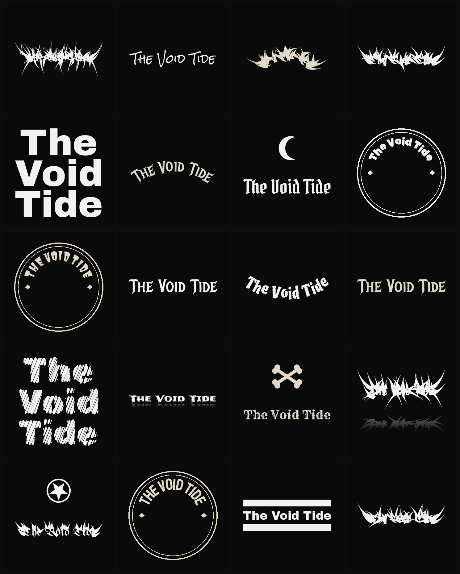Twenty The Void Tide band logo ideas — different faces, treatments and spike settings