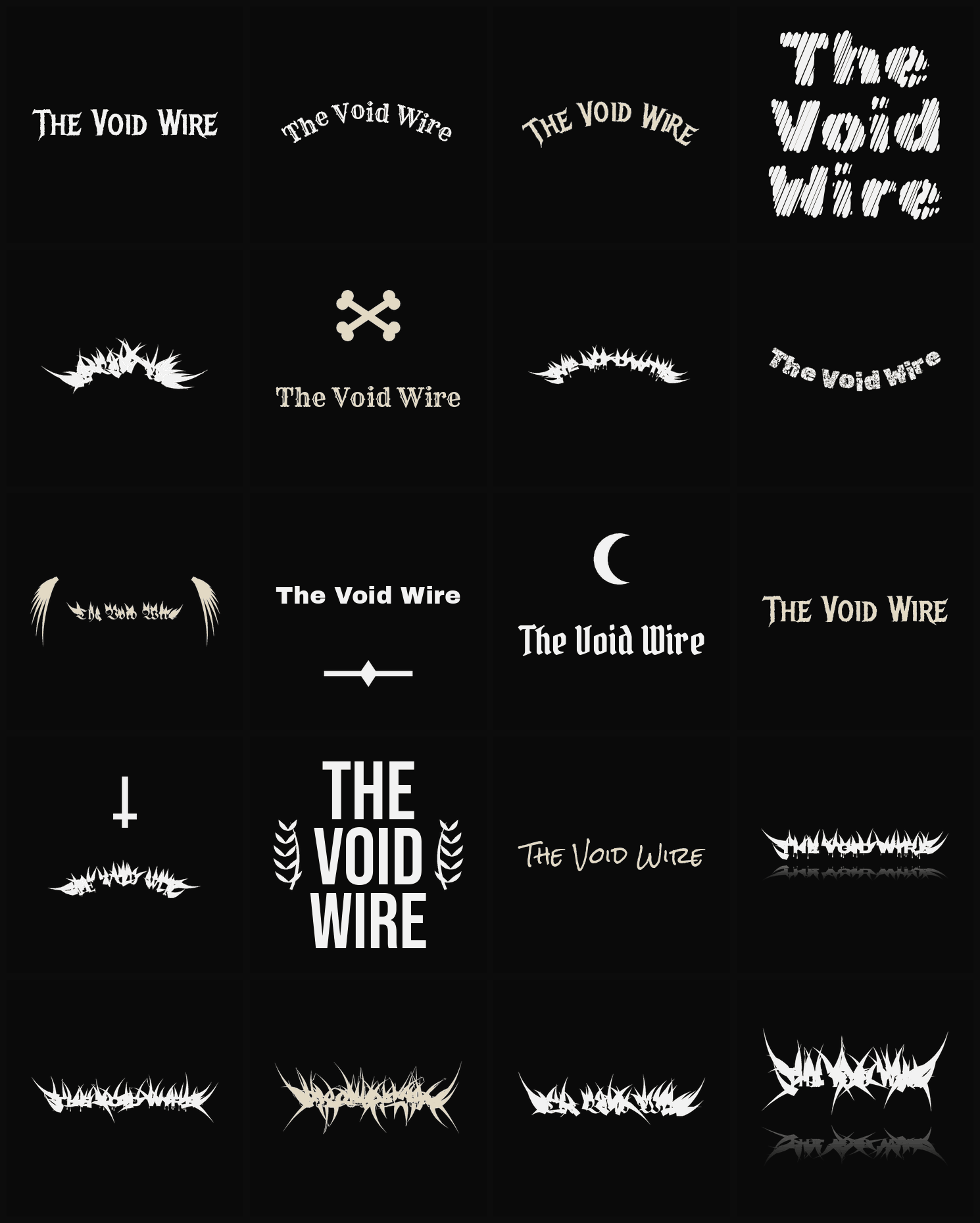 Twenty The Void Wire band logo ideas — different faces, treatments and spike settings