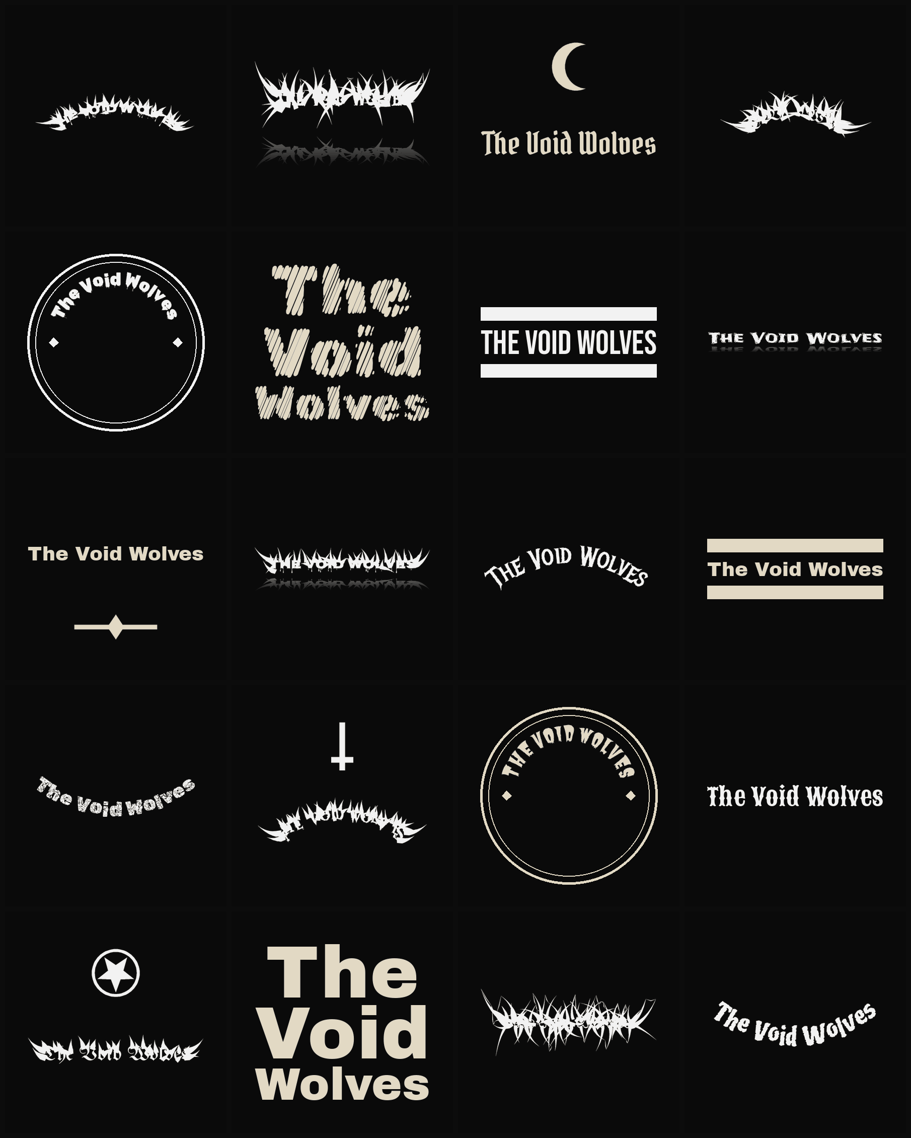 Twenty The Void Wolves band logo ideas — different faces, treatments and spike settings
