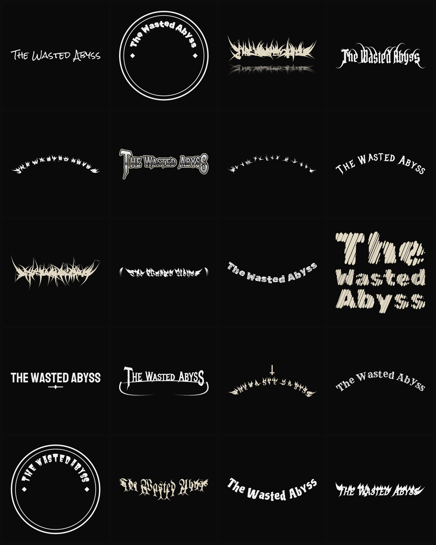 Twenty The Wasted Abyss band logo ideas — different faces, treatments and spike settings