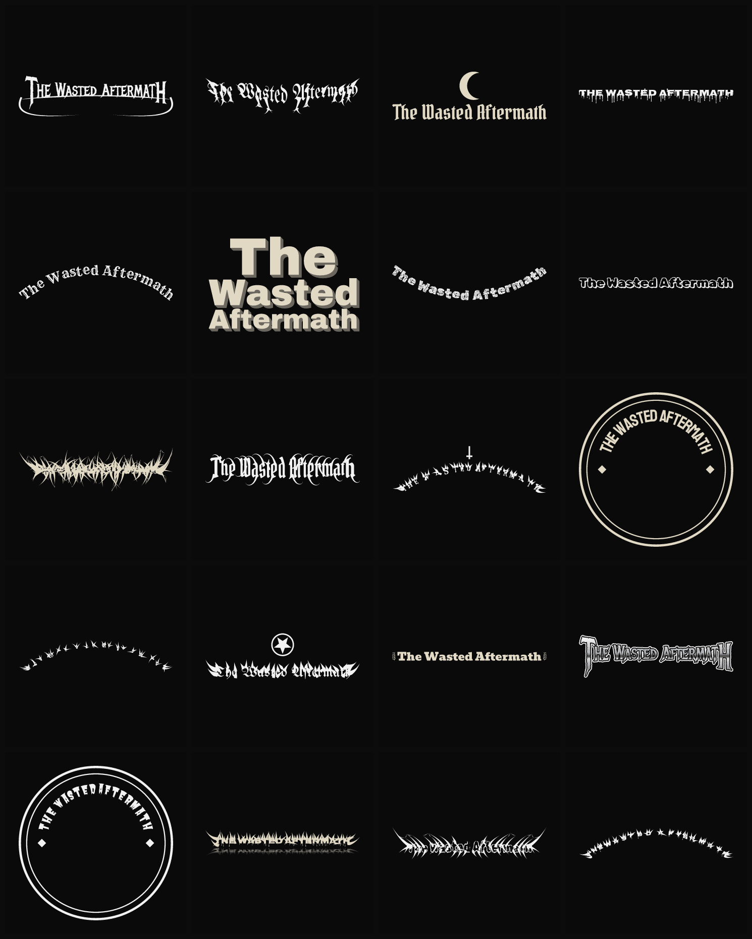 Twenty The Wasted Aftermath band logo ideas — different faces, treatments and spike settings