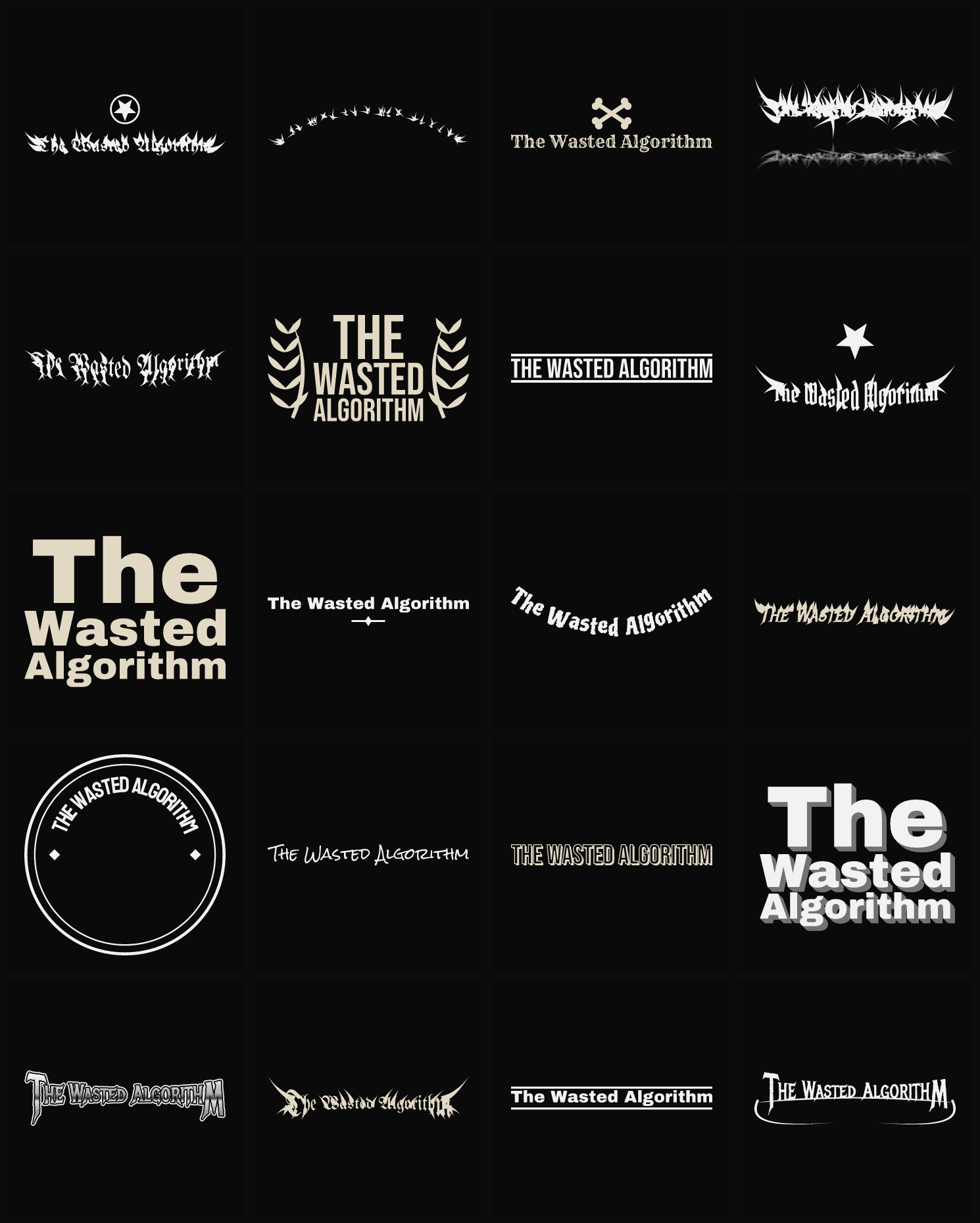 Twenty The Wasted Algorithm band logo ideas — different faces, treatments and spike settings