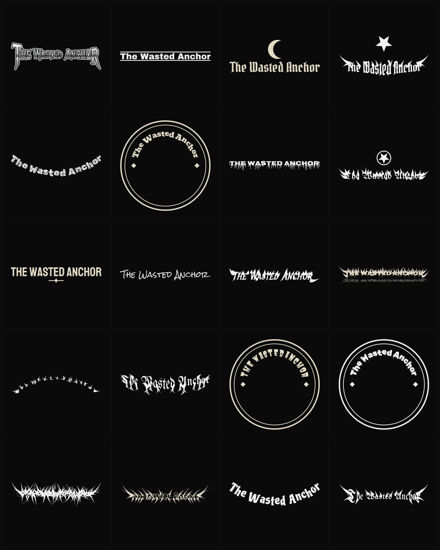 Twenty The Wasted Anchor band logo ideas — different faces, treatments and spike settings