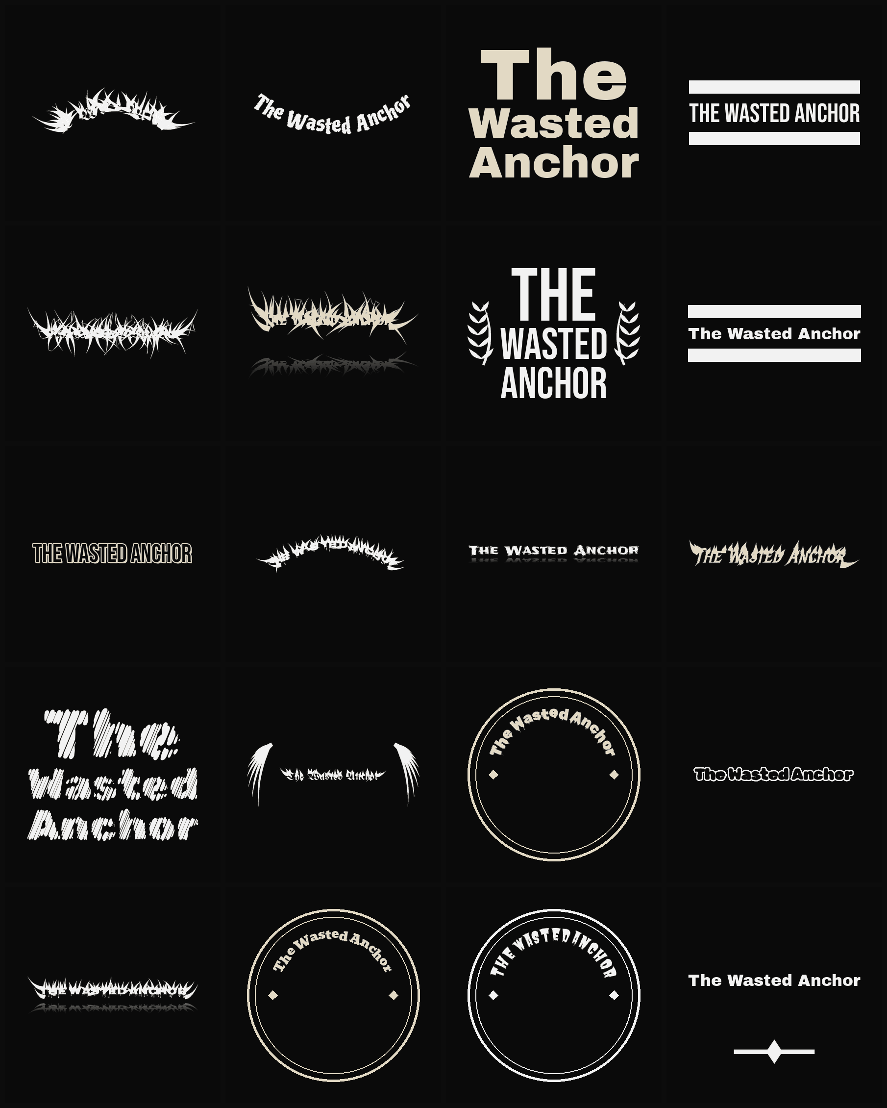 Twenty The Wasted Anchor band logo ideas — different faces, treatments and spike settings