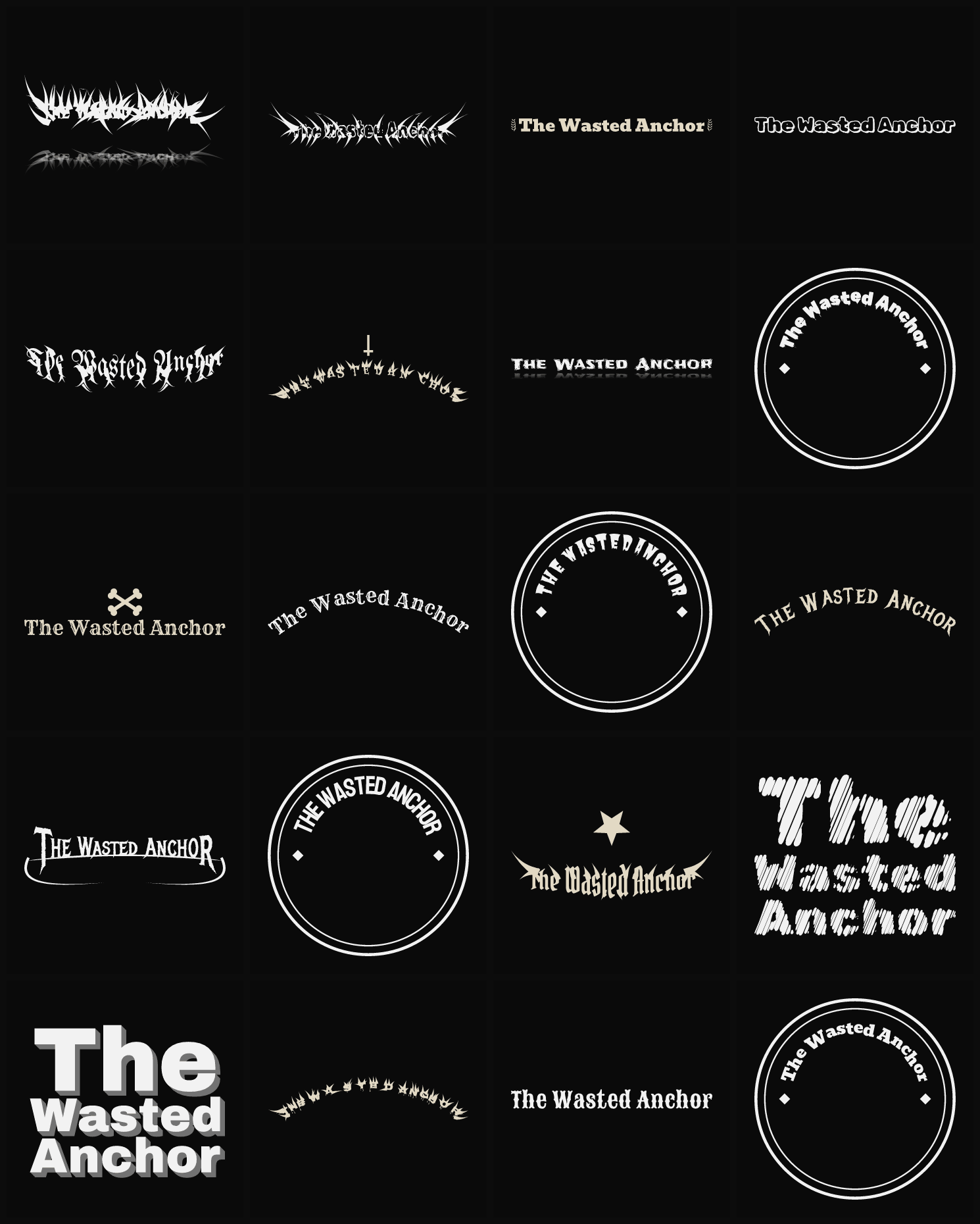 Twenty The Wasted Anchor band logo ideas — different faces, treatments and spike settings